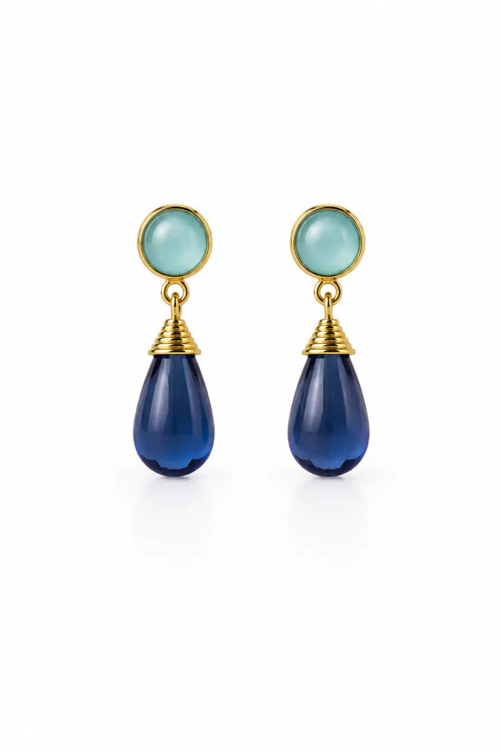 Nevaeh Drop Earrings Aqua Chalcedony & Blue Iolite with 18K gold accents on a white background