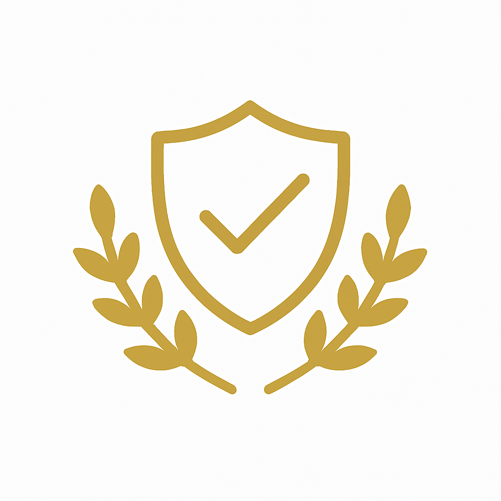 Gold icon with reward emblem and laurel leaves representing high quality