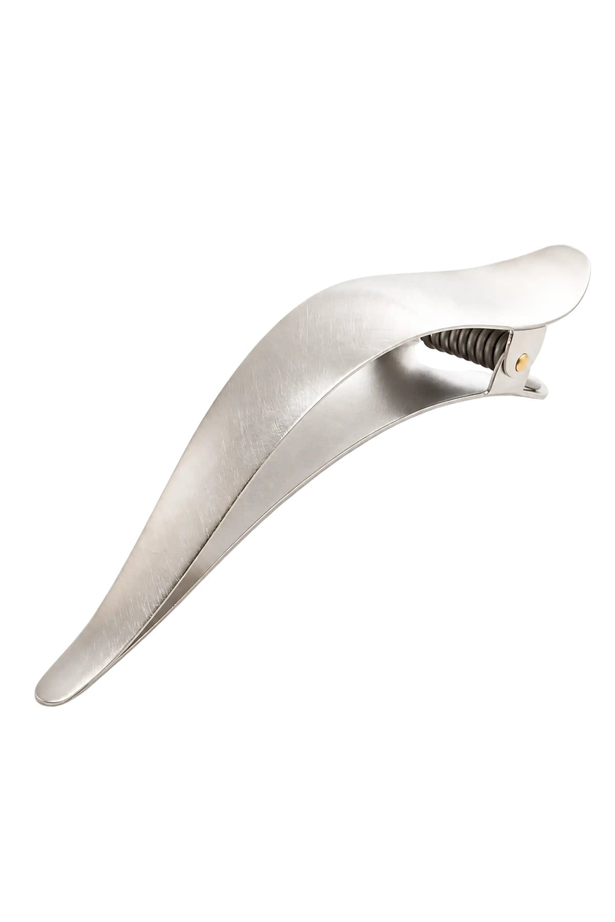 A curved, metallic icy silver hair claw clip with a brushed finish, shown on a clean white background.