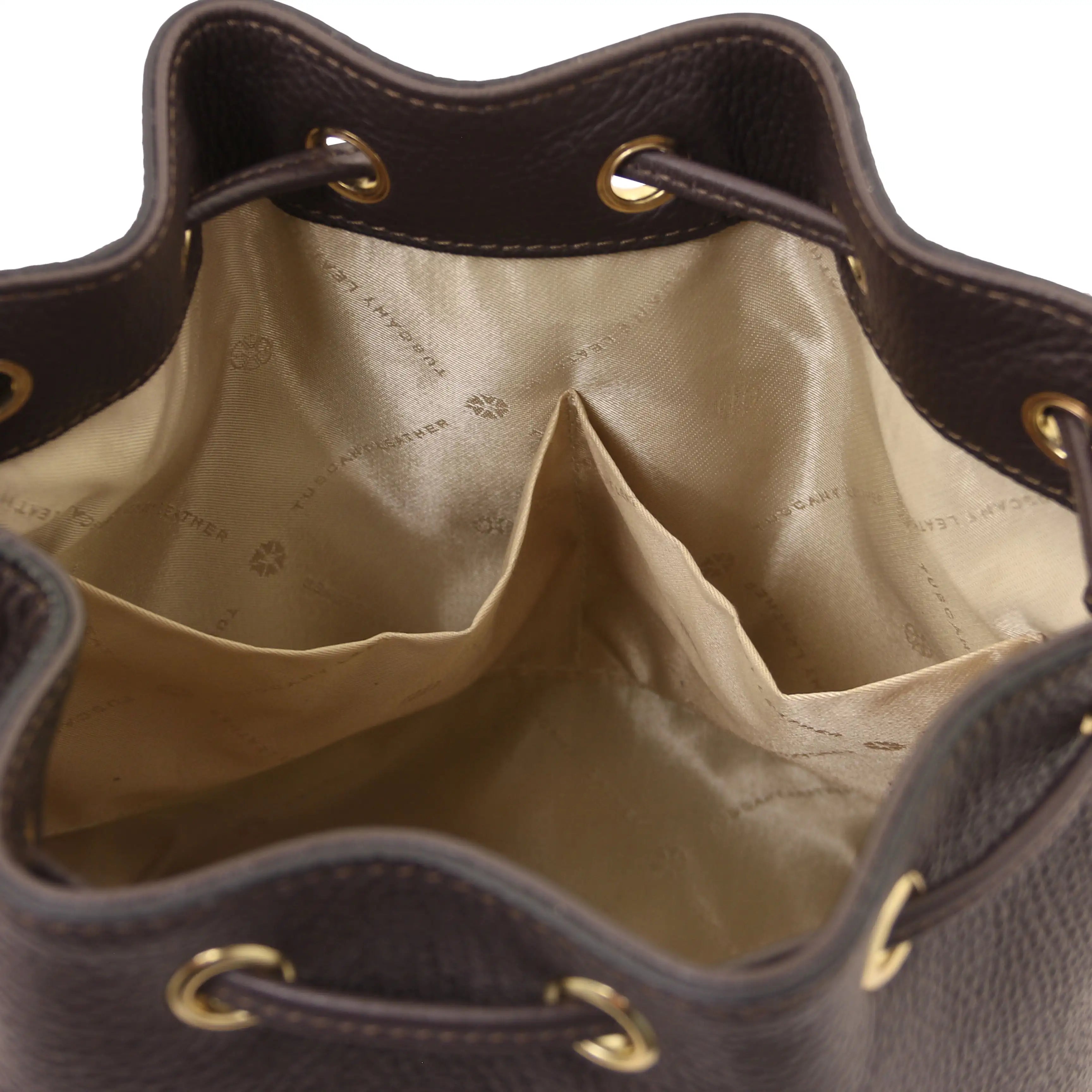 Interior Open Pocket View TL Leather Bucket Bag Chocolate Beige Lining