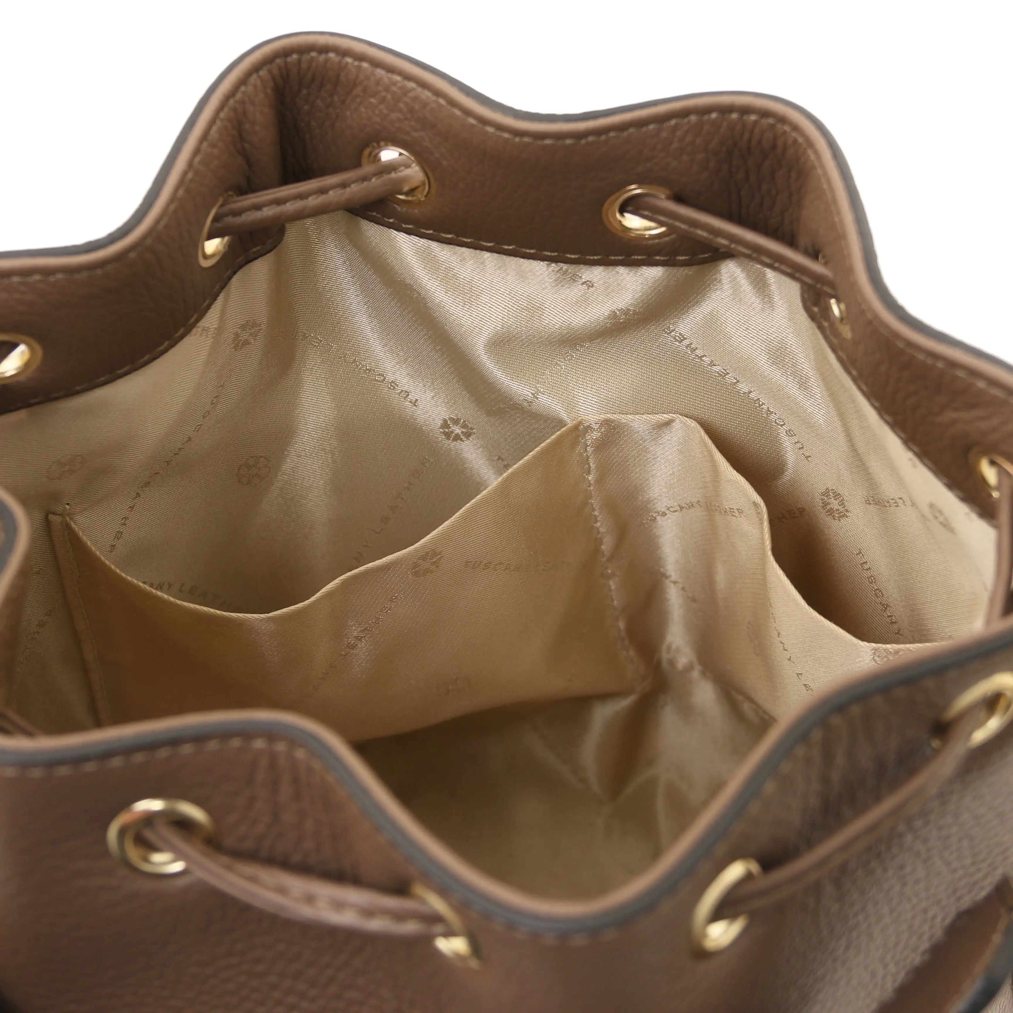 Interior Open Pocket View TL Leather Bucket Bag Dark Taupe with beige lining