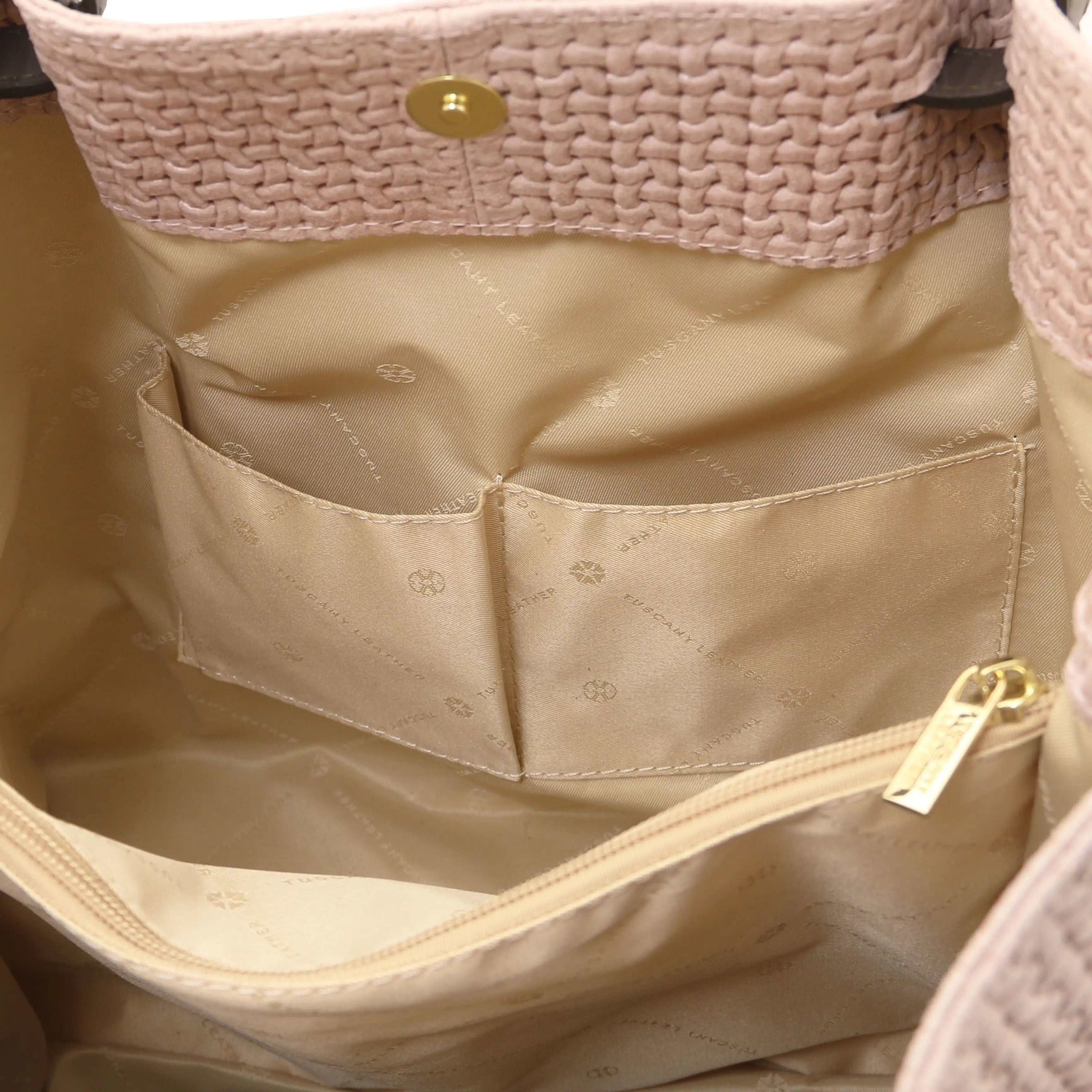 Interior open pockets and dark brown lining view of the TL Keyluck Woven Printed Leather Shopping Bag in nude