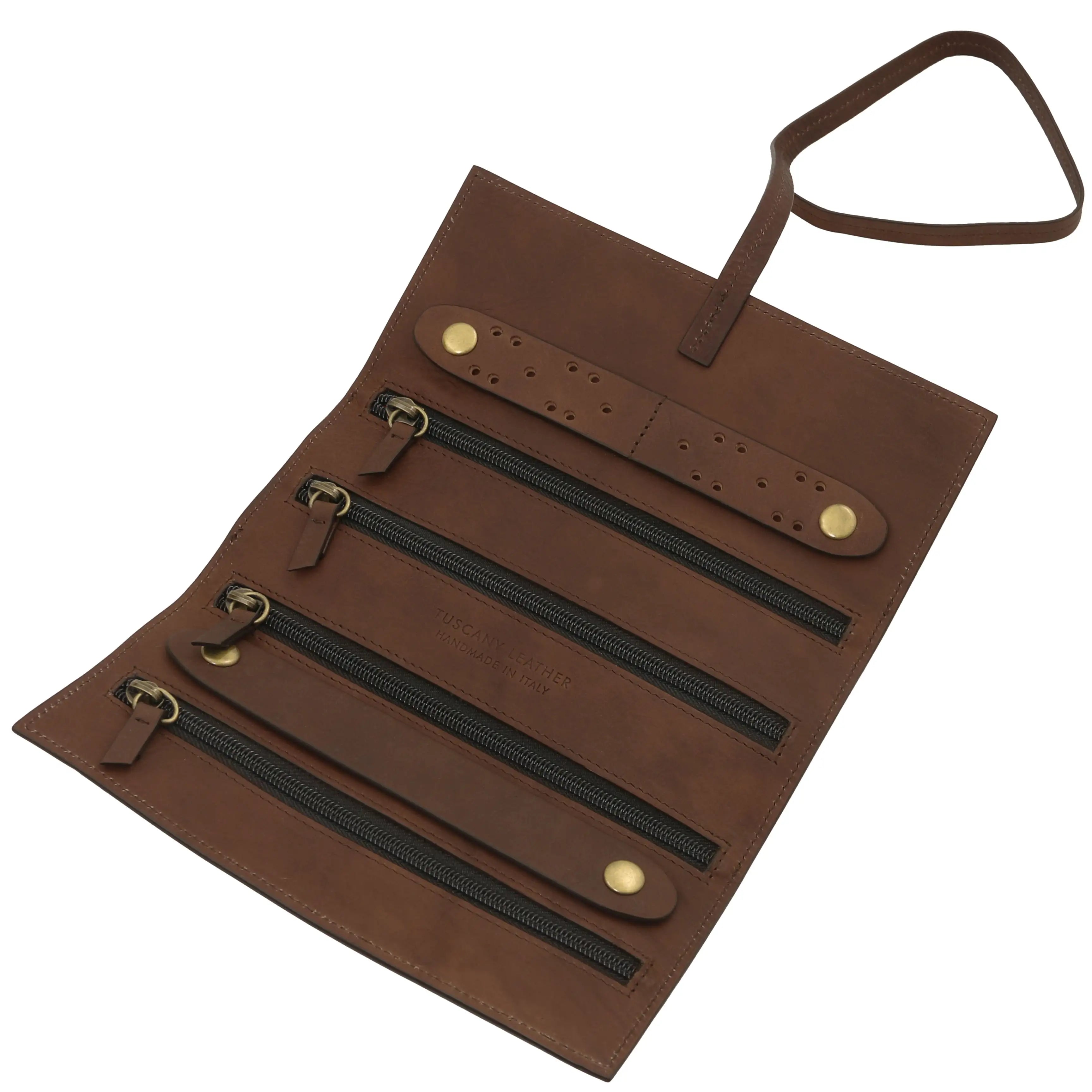 Interior view Structured Italian Leather Jewelry Case in dark brown with black zippers