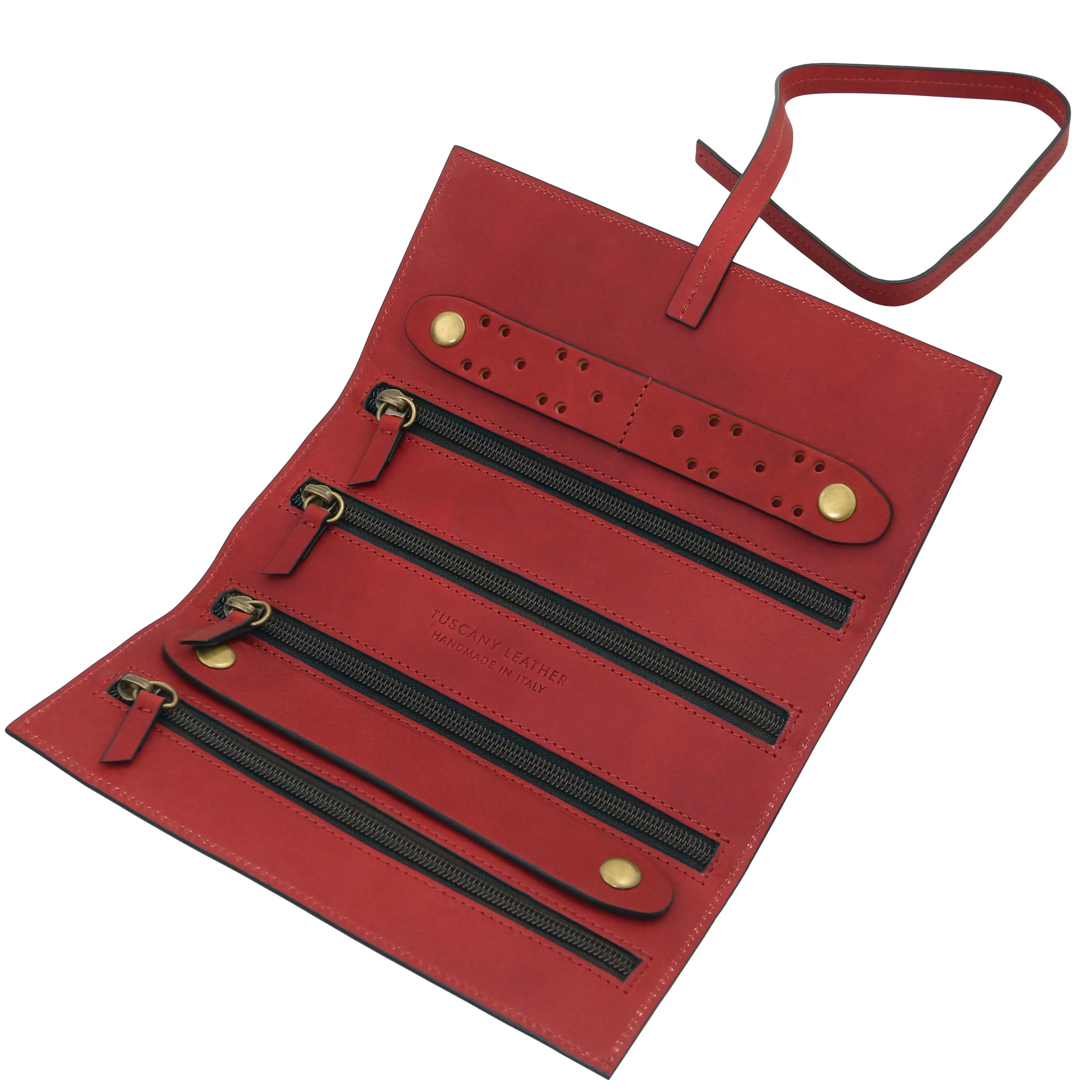 Interior view Structured Italian Leather Jewelry Case in red with black zippers