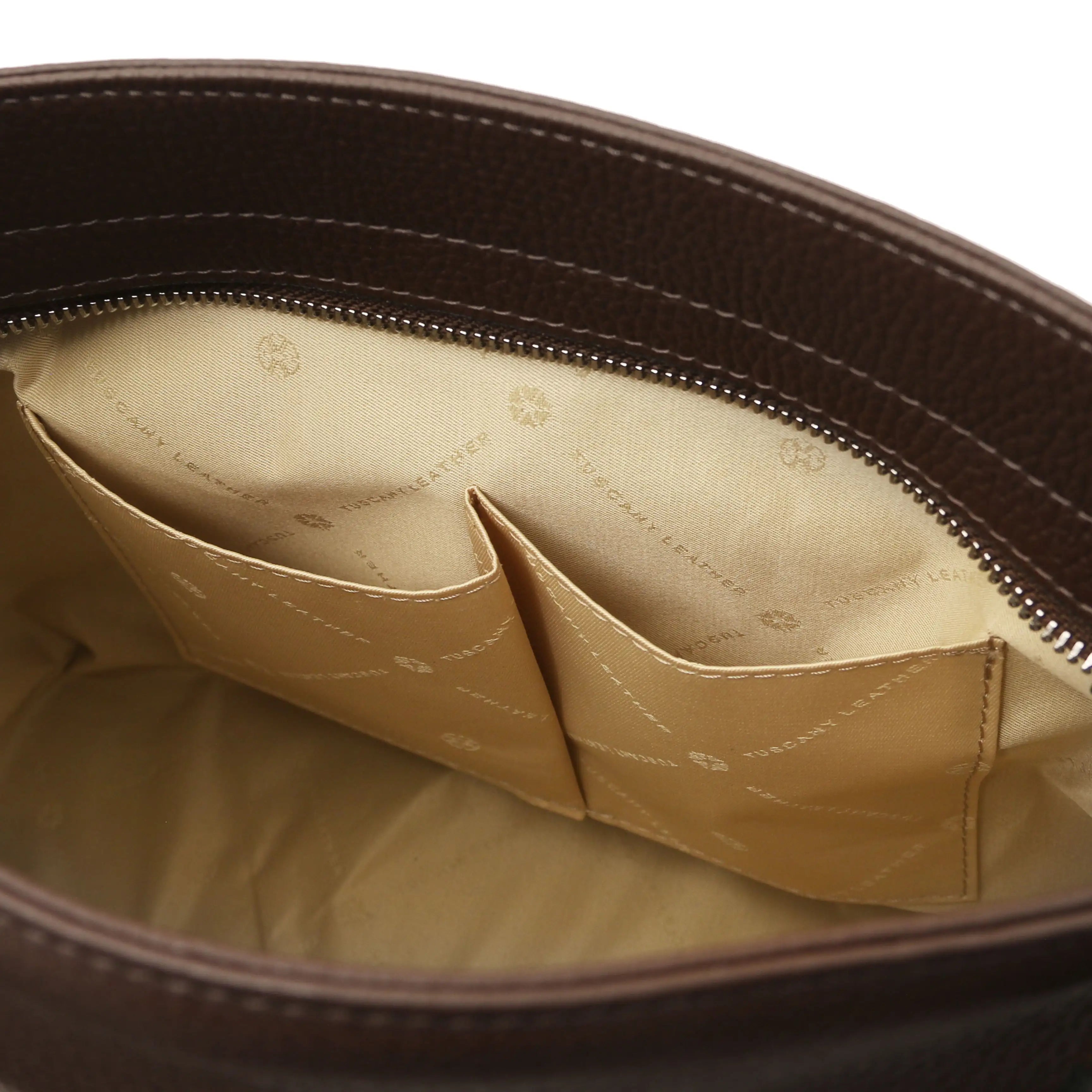 Interior view of the TL Bag Soft Leather Handbag in Chocolate with two opened pockets and dark beige lining(1)