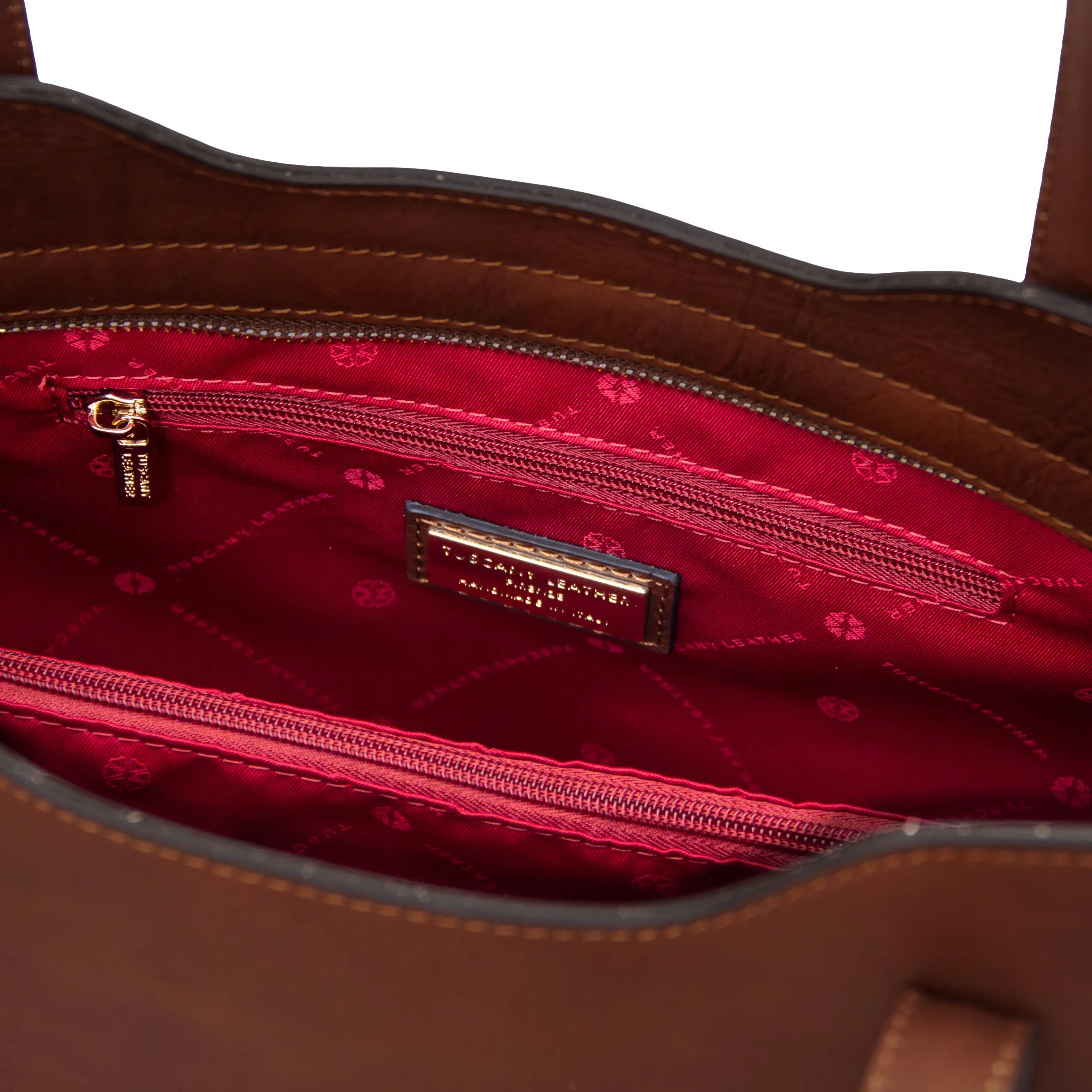 Interior zip pocket red lining view Olimpia Leather Tote Bag in Brown