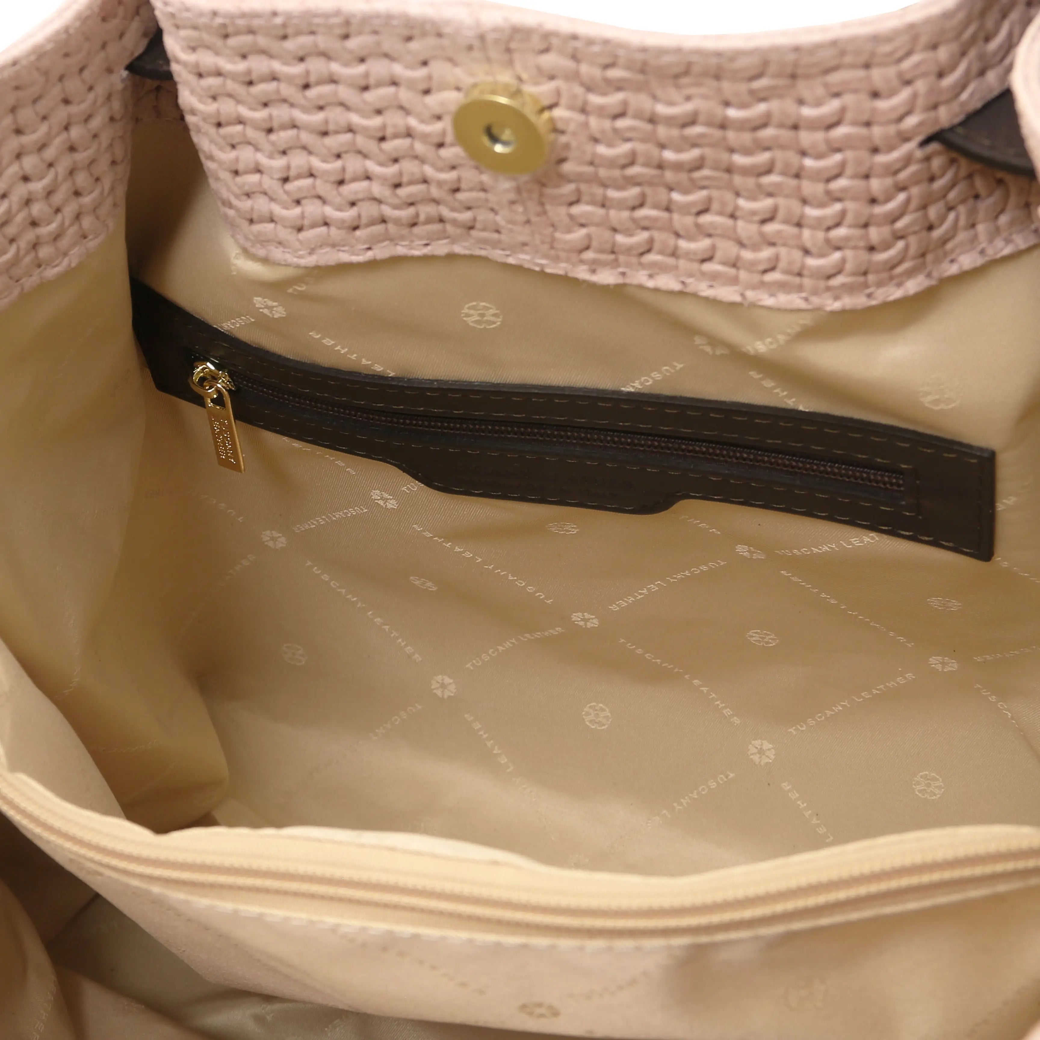 Interior open pockets and dark brown lining view of the TL Keyluck Woven Printed Leather Shopping Bag in nude