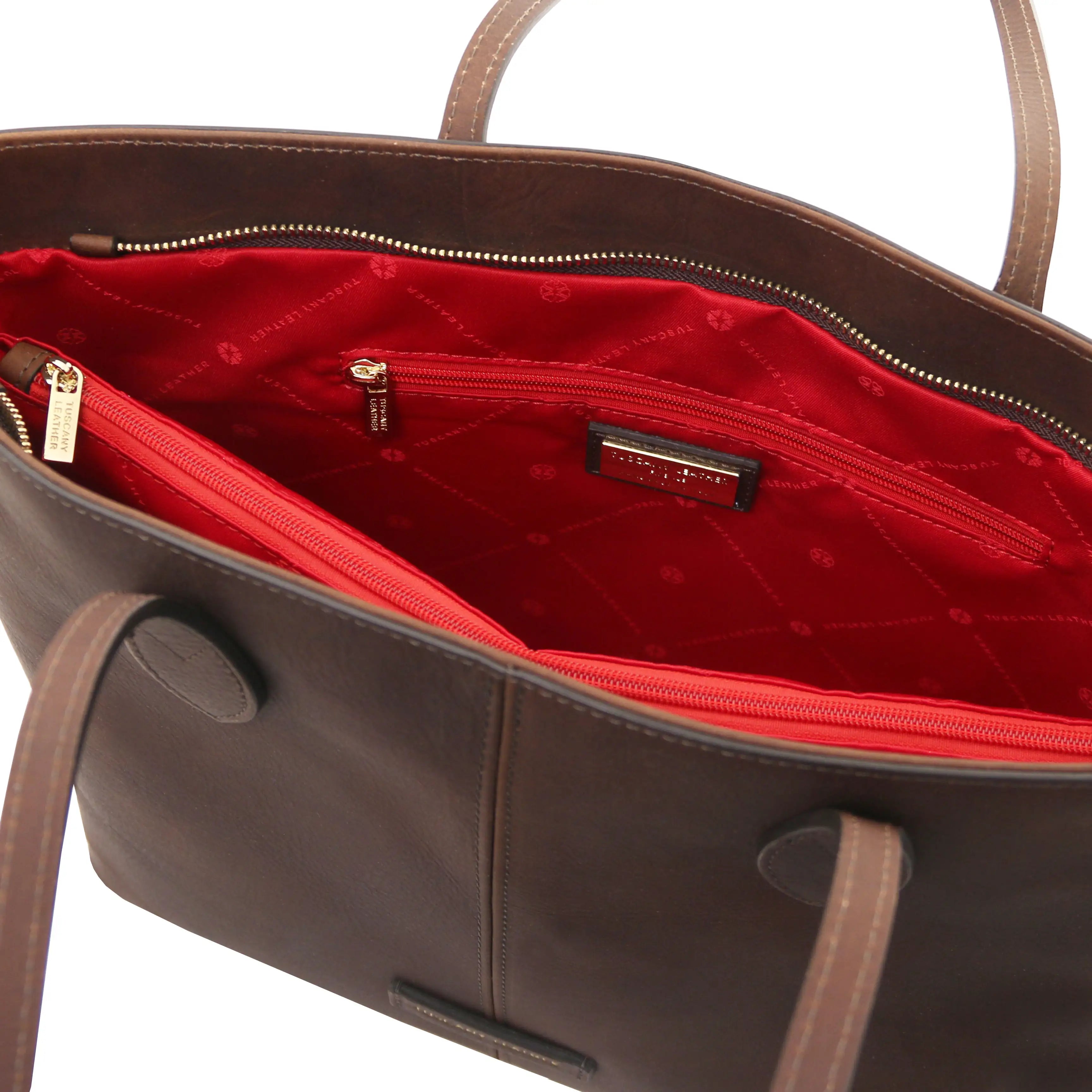 Interior zip pocket red lining view Dark Brown Essenza Shoulder Bag