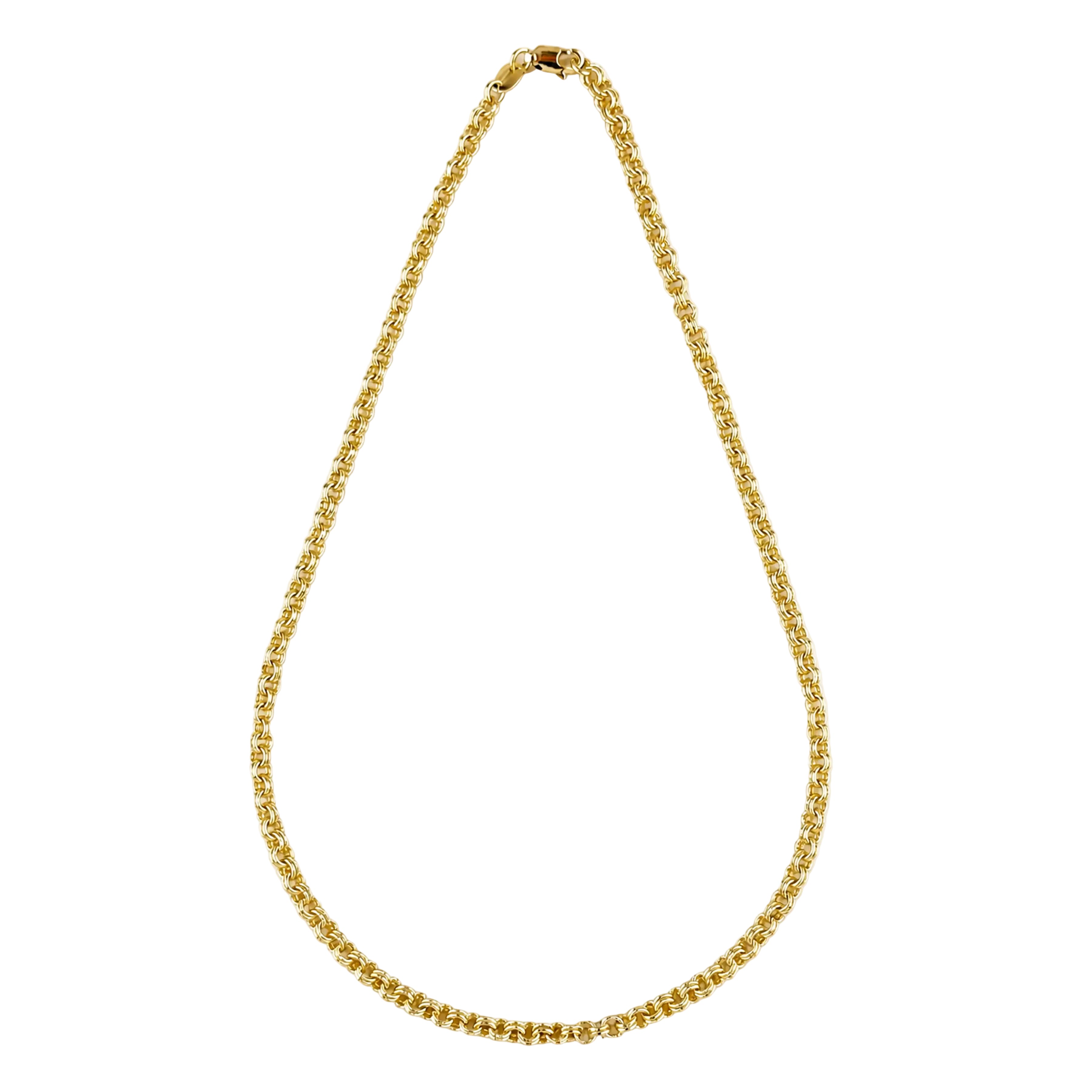 A gold chain necklace with a textured, woven link design, displayed in a teardrop shape against a solid white background.