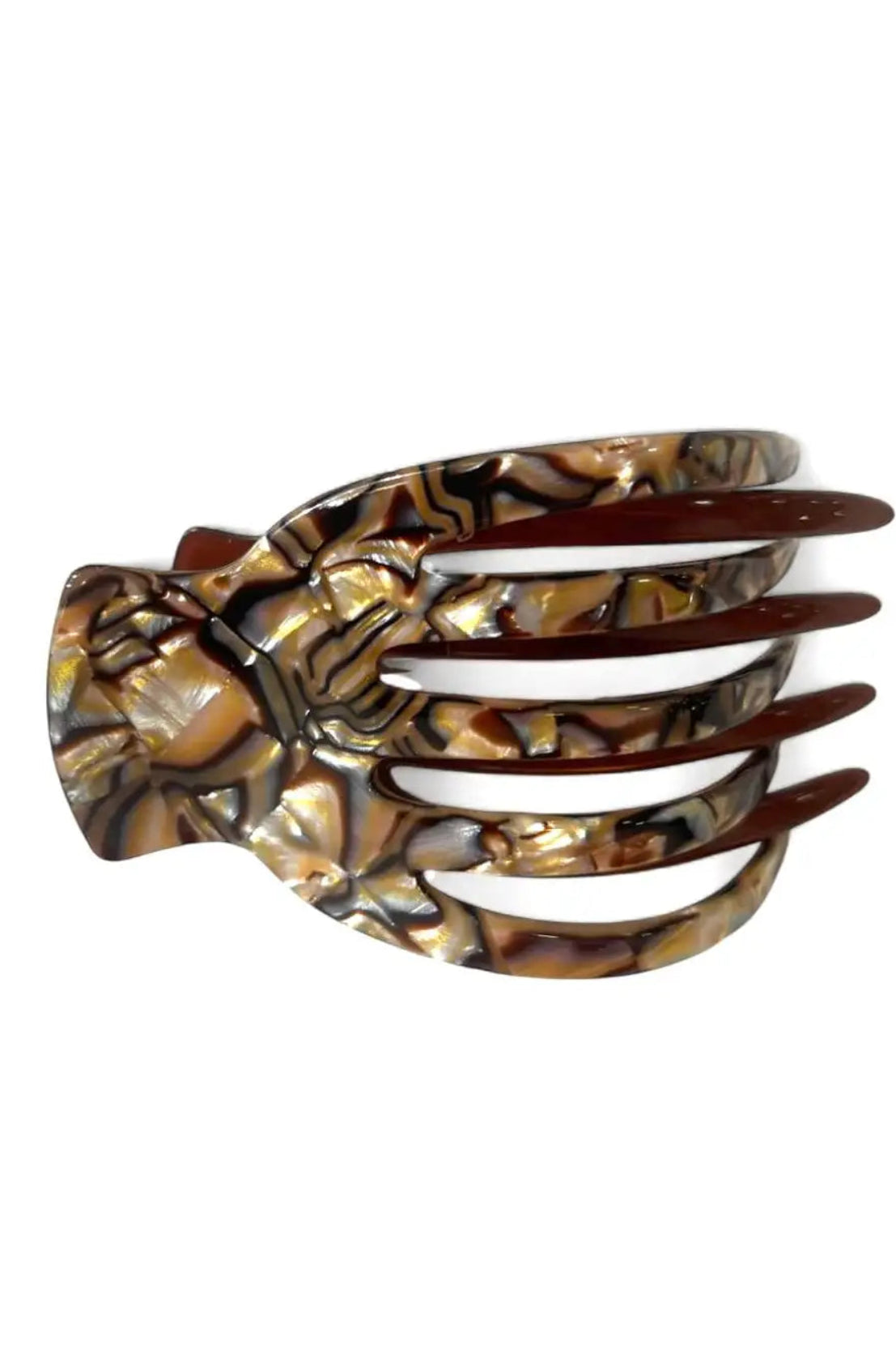 A wide, multi-tooth hair claw clip made of marbled brown, beige, and black resin, shown on a plain white background.
