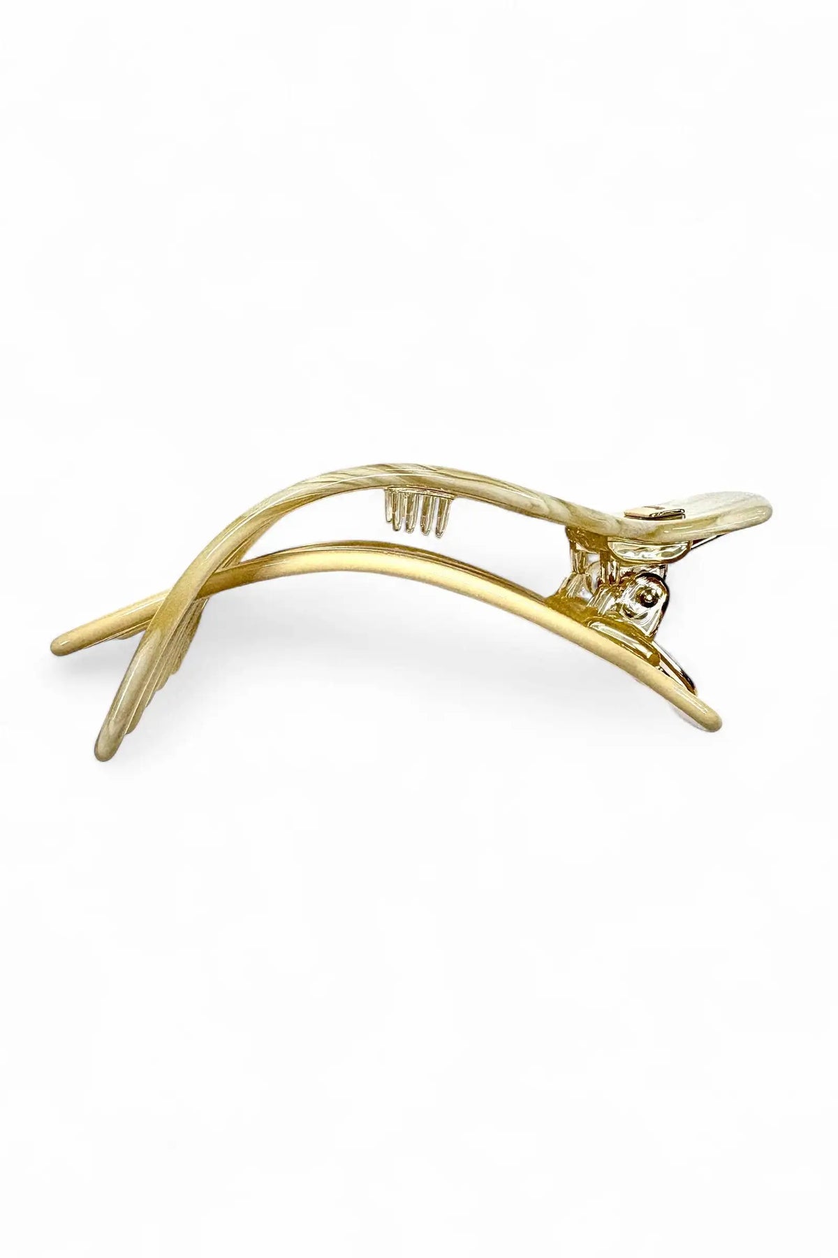 A gold-toned metal hair claw clip with a twisted, organic design, shown on a plain white background.