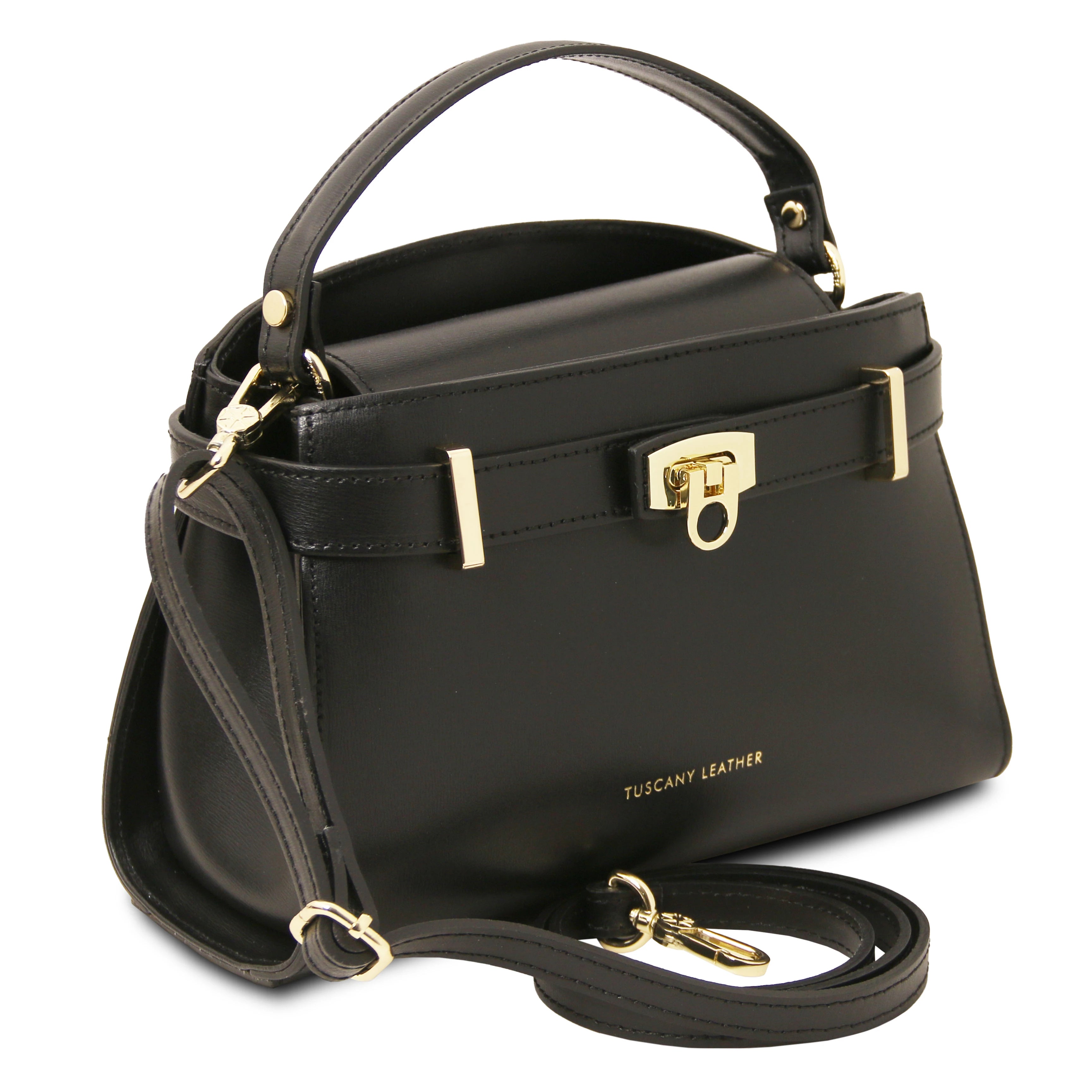 Maisy Italian Leather Tote Bag in Black front view with detachable crossbody strap