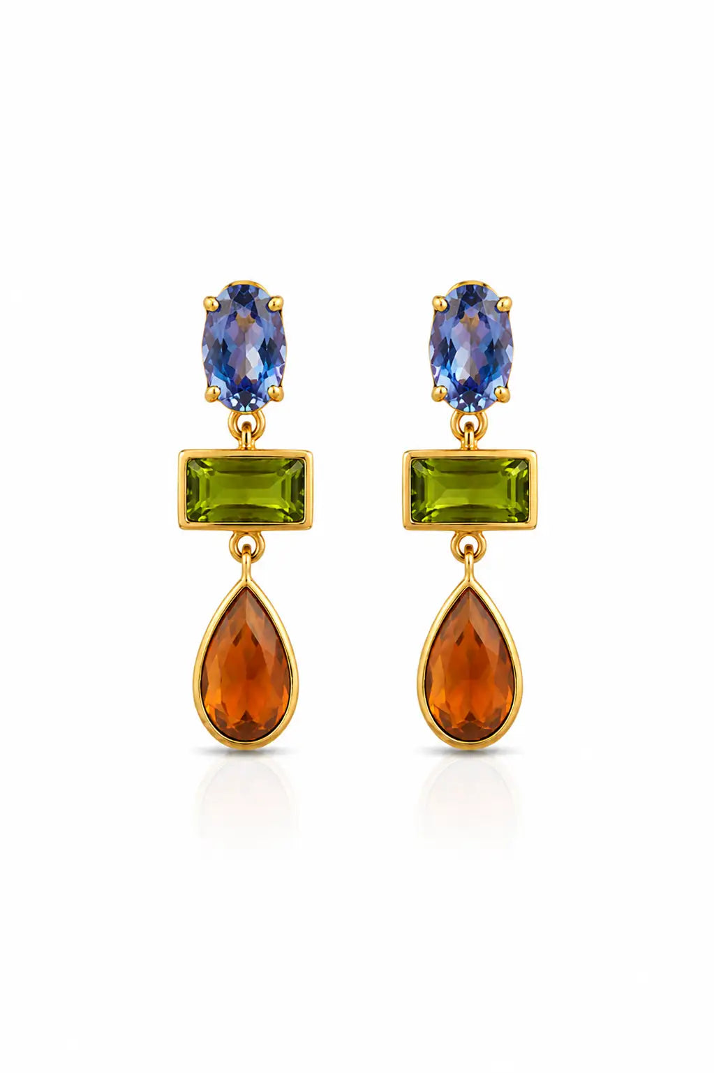Millie Earrings Blue Iolite & Green Tourmaline on a white background
