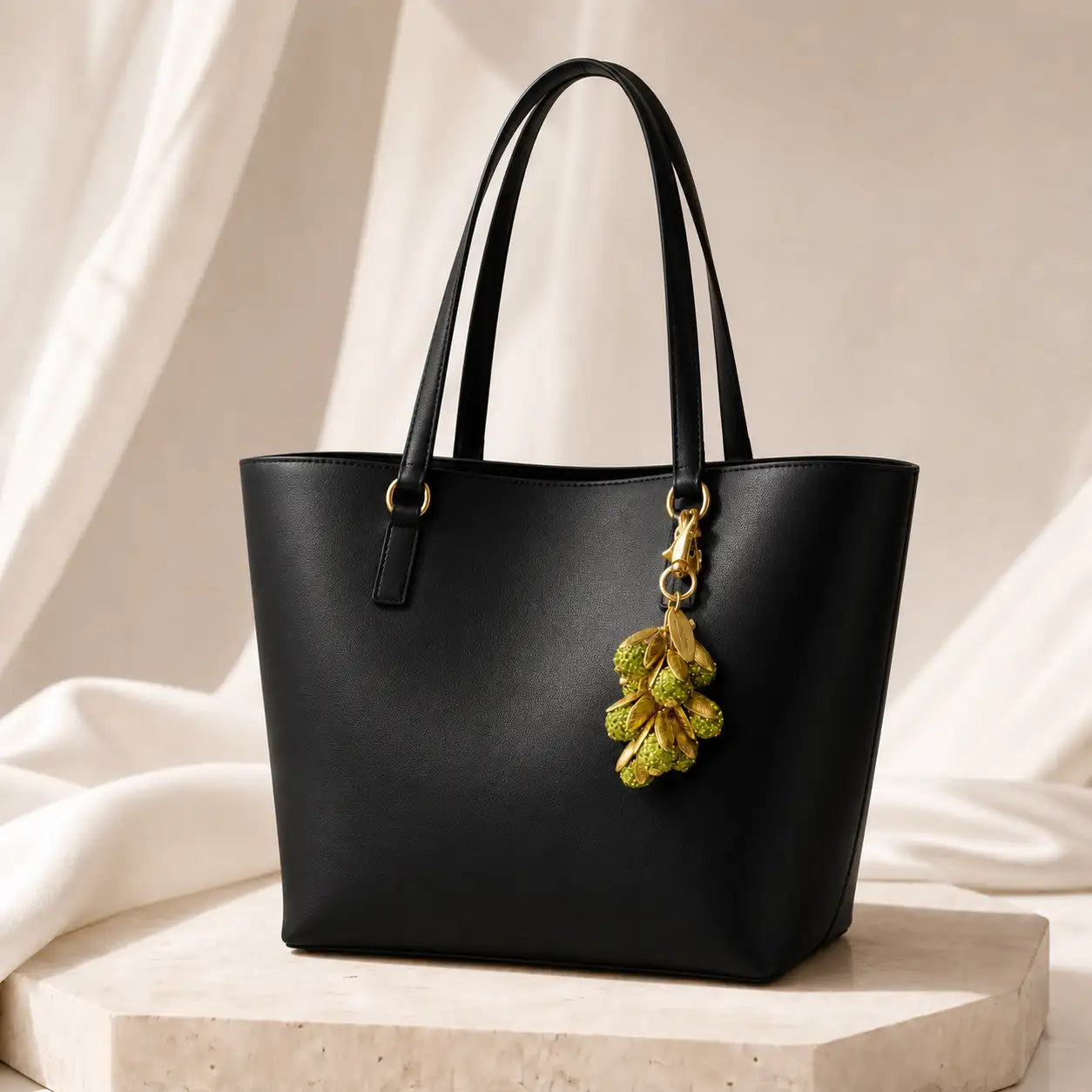 A black leather tote bag with double shoulder straps and a gold-tone hanging ornament featuring green leaves, displayed on a stone pedestal against a draped cream fabric background.