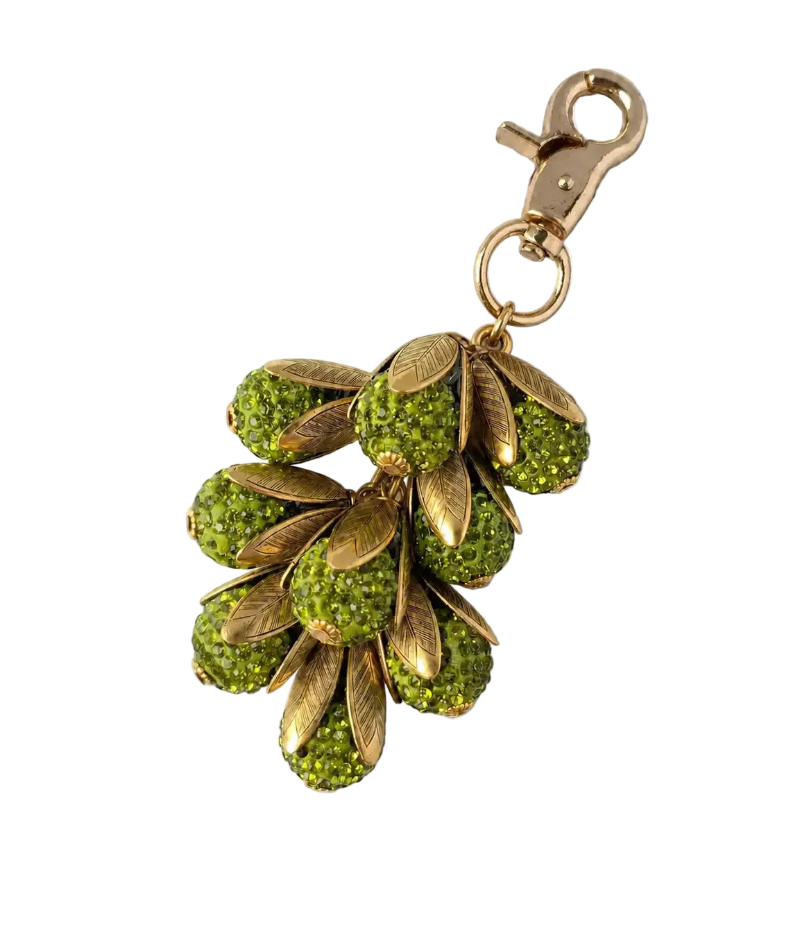 A vintage-style gold-tone keychain featuring a cluster of green rhinestone-encrusted beads shaped like grapes or olives, surrounded by gold-tone leaf-like accents, attached to a gold lobster clasp, shown on a plain white background.