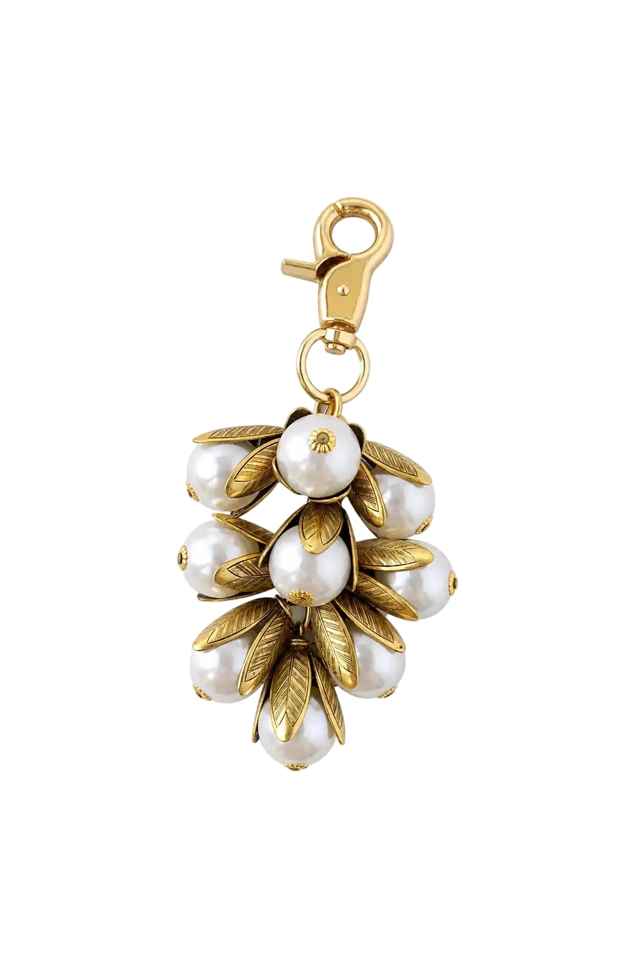 A brass and pearl floral keychain charm featuring faux pearls and gold leaf-shaped metal details, attached to a gold lobster clasp, shown on a plain white background.