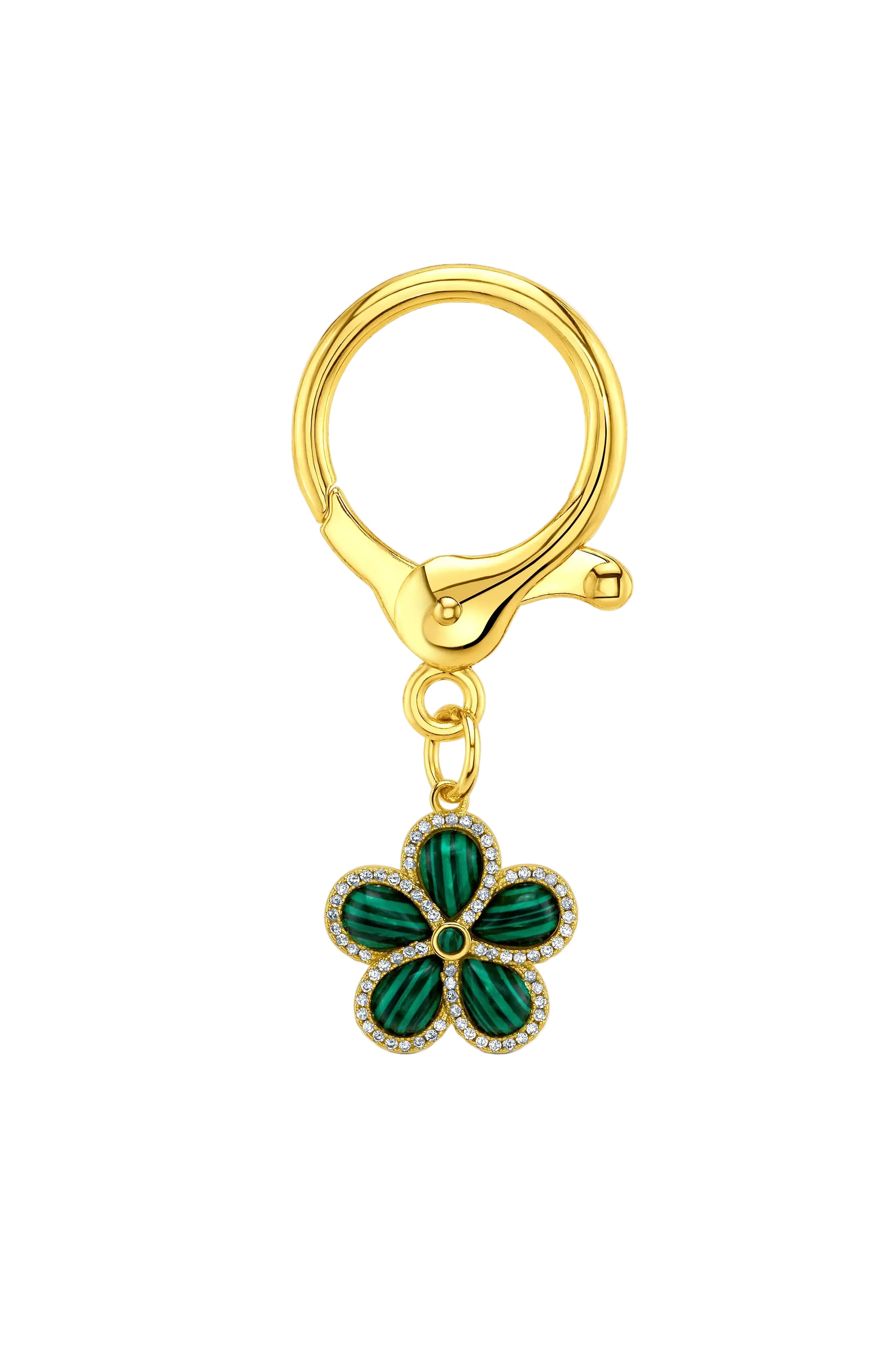 A gold-tone keychain or bag charm featuring a five-petal flower pendant with malchite inlay and a border of small clear rhinestones, attached to a gold clasp on a white background.