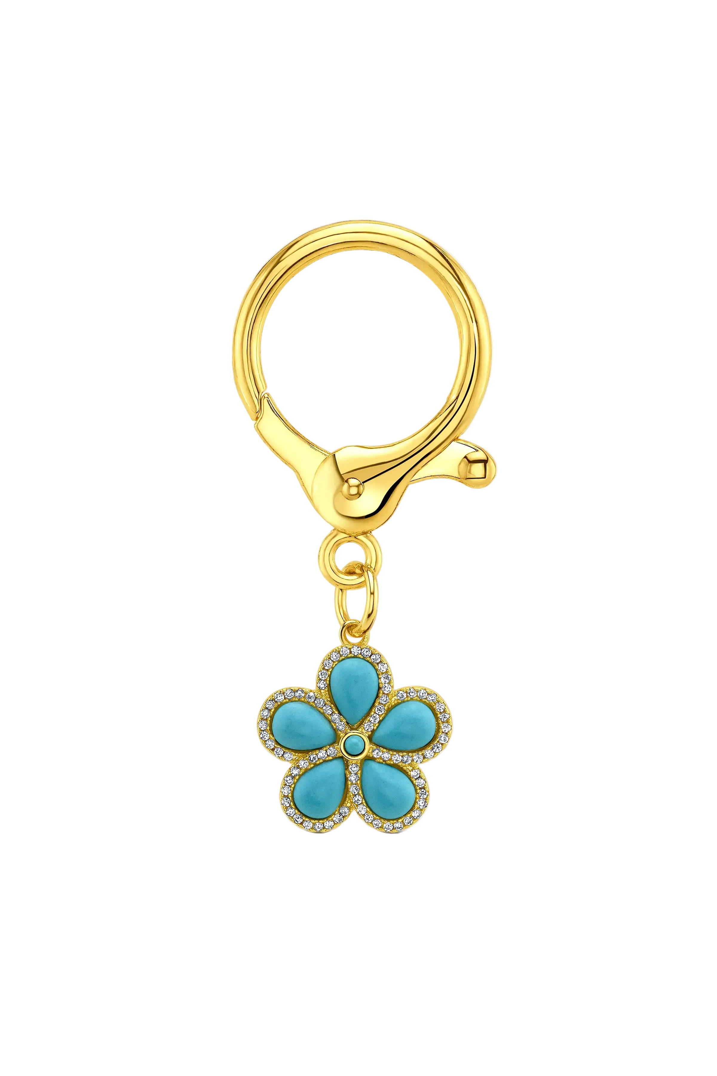 A gold-tone key ring with a dangling flower charm featuring turquoise petals and small clear CZ accents, shown on a clean white background.
