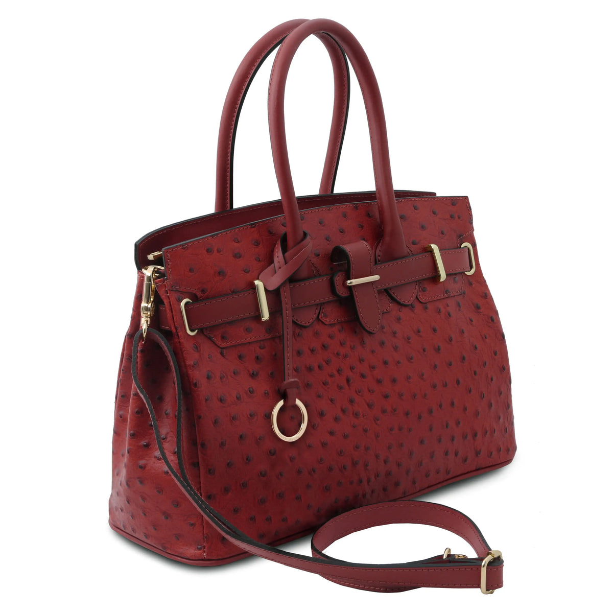 A structured red ostrich-textured leather handbag with double top handles, a matching shoulder strap, and gold-tone hardware, shown on a plain white background.