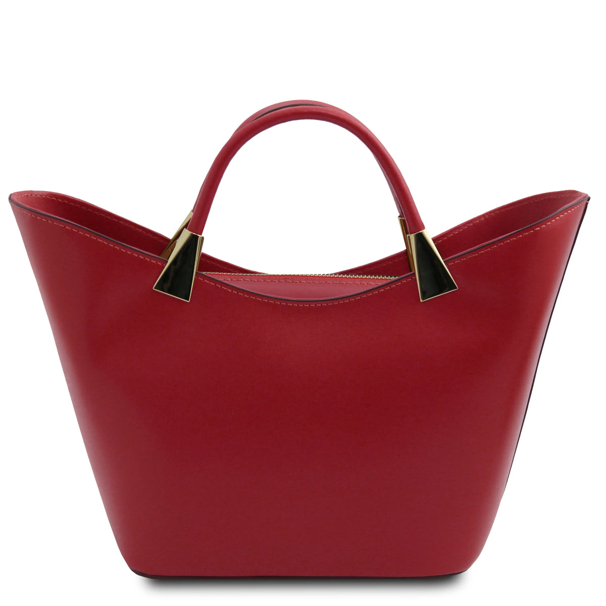 A structured red leather handbag with dual top handles and gold-tone triangular hardware, shown against a plain white background.