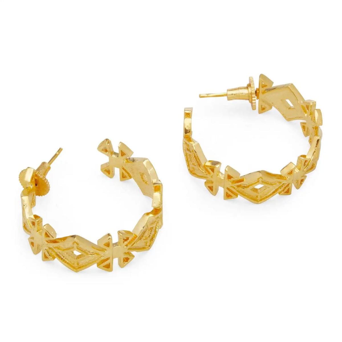 Gold hoop earrings with intricate designs on a white background