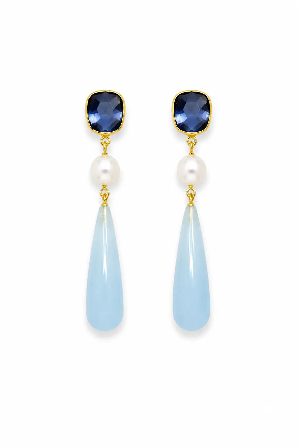 Scarlett Drop Earrings | Pearl & Aquamarine Chalcedony | 18K Gold Plated