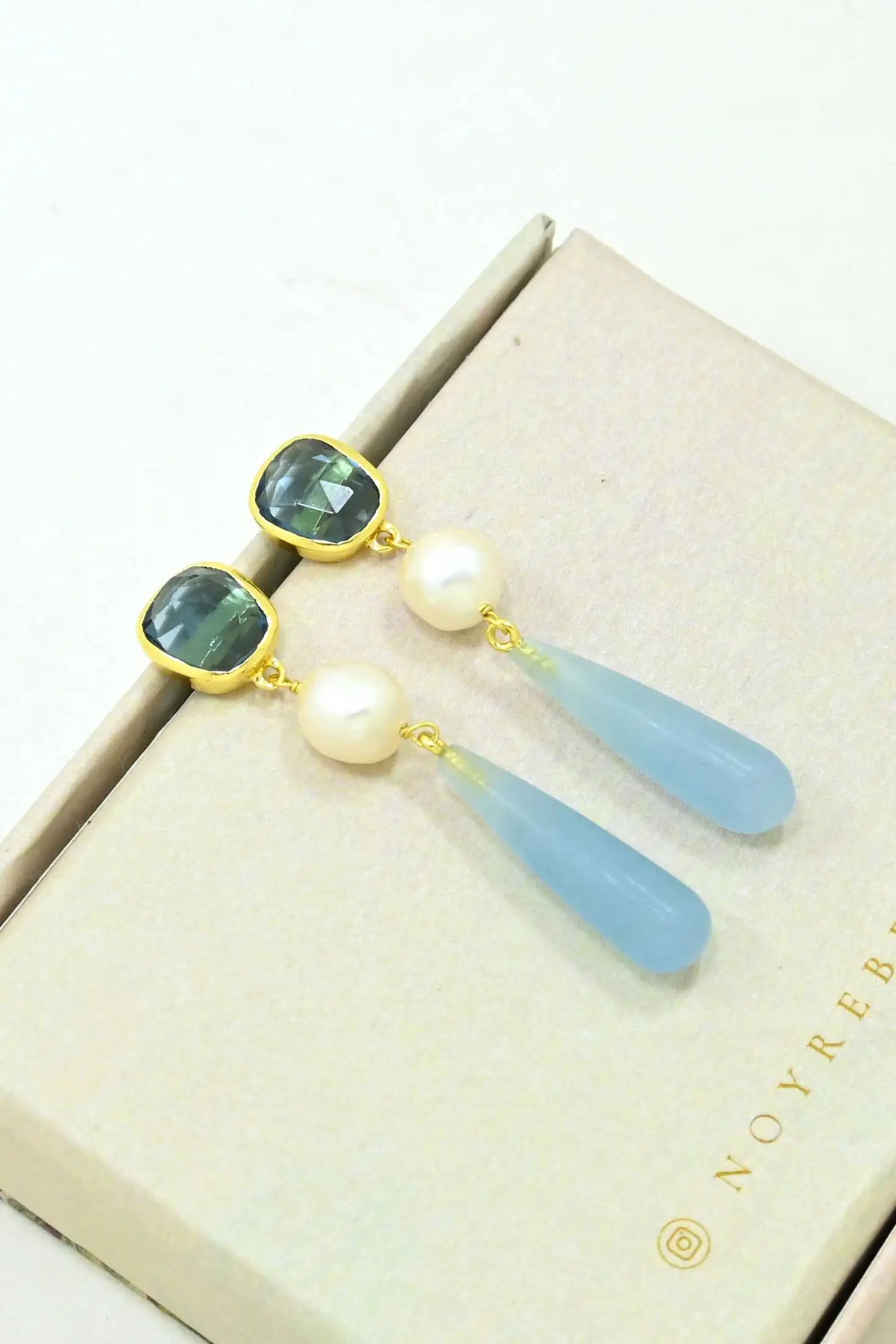 Scarlett Drop Earrings | Pearl & Aquamarine Chalcedony | 18K Gold Plated