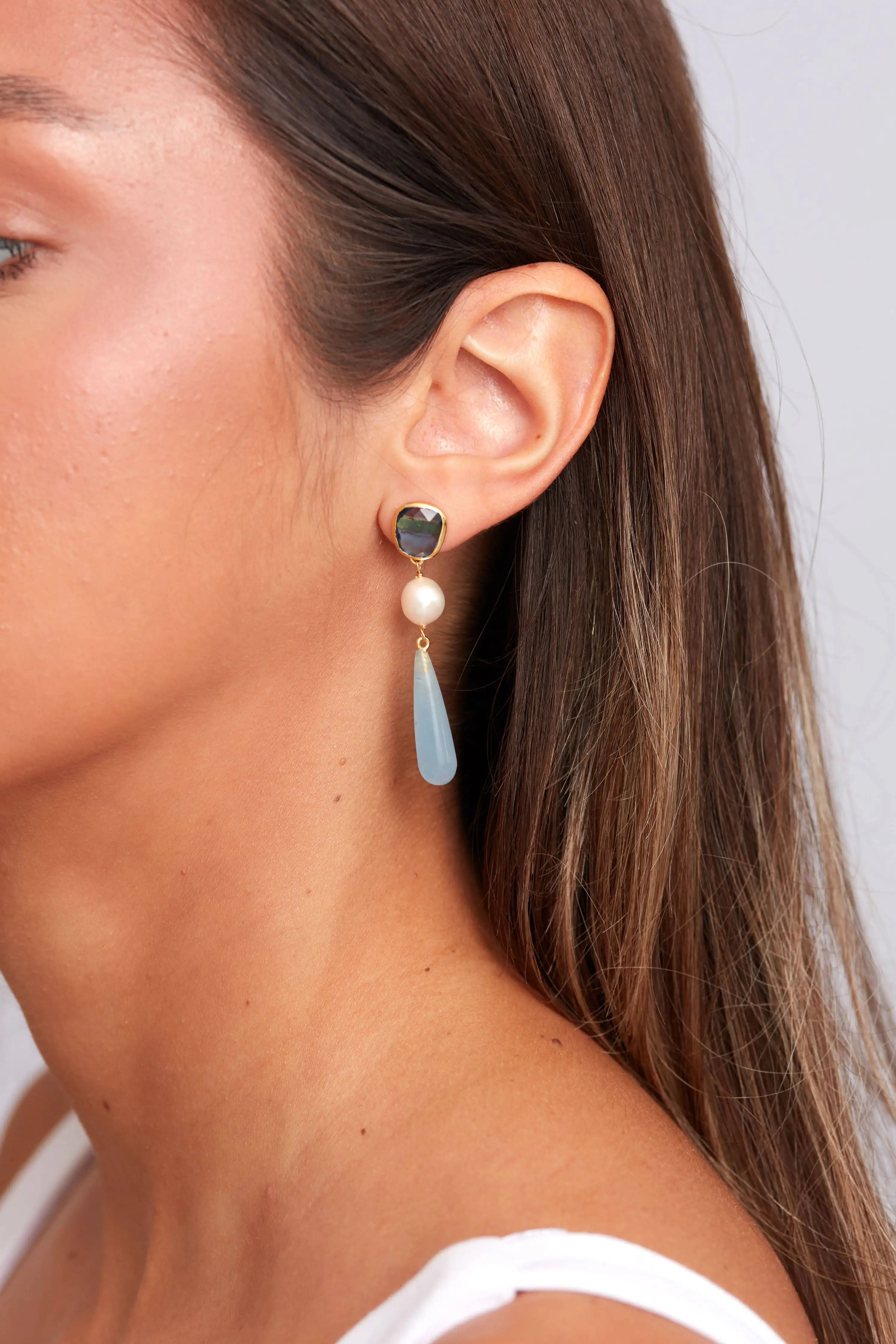 Scarlett Drop Earrings | Pearl & Aquamarine Chalcedony | 18K Gold Plated