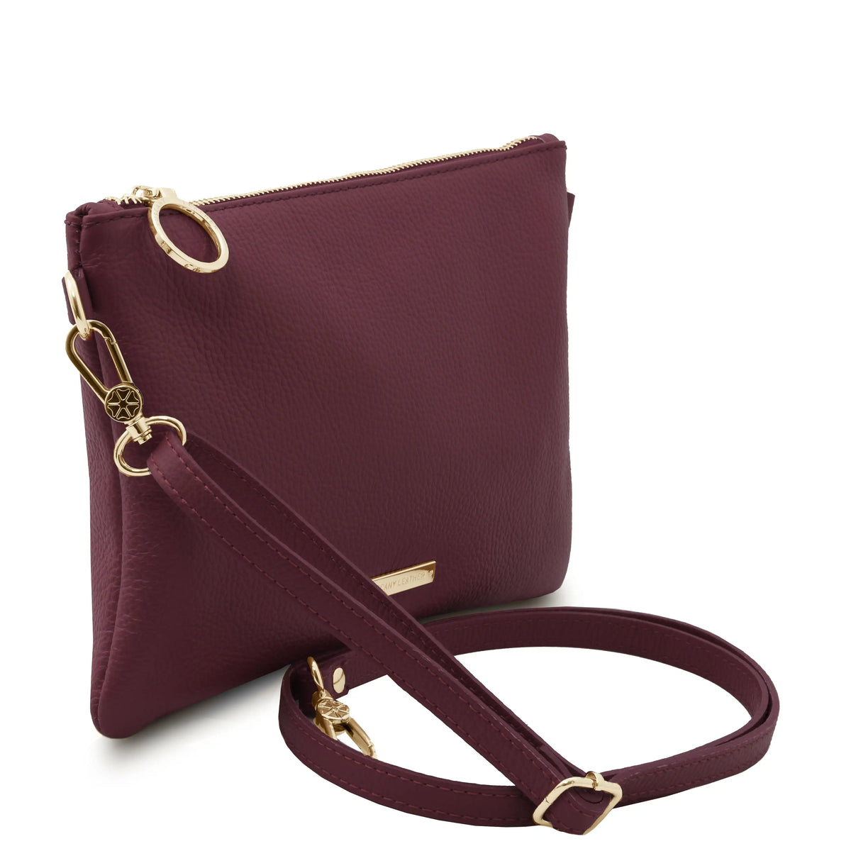Side view Soft Leather Clutch in Bordeaux with detachable shoulder strap