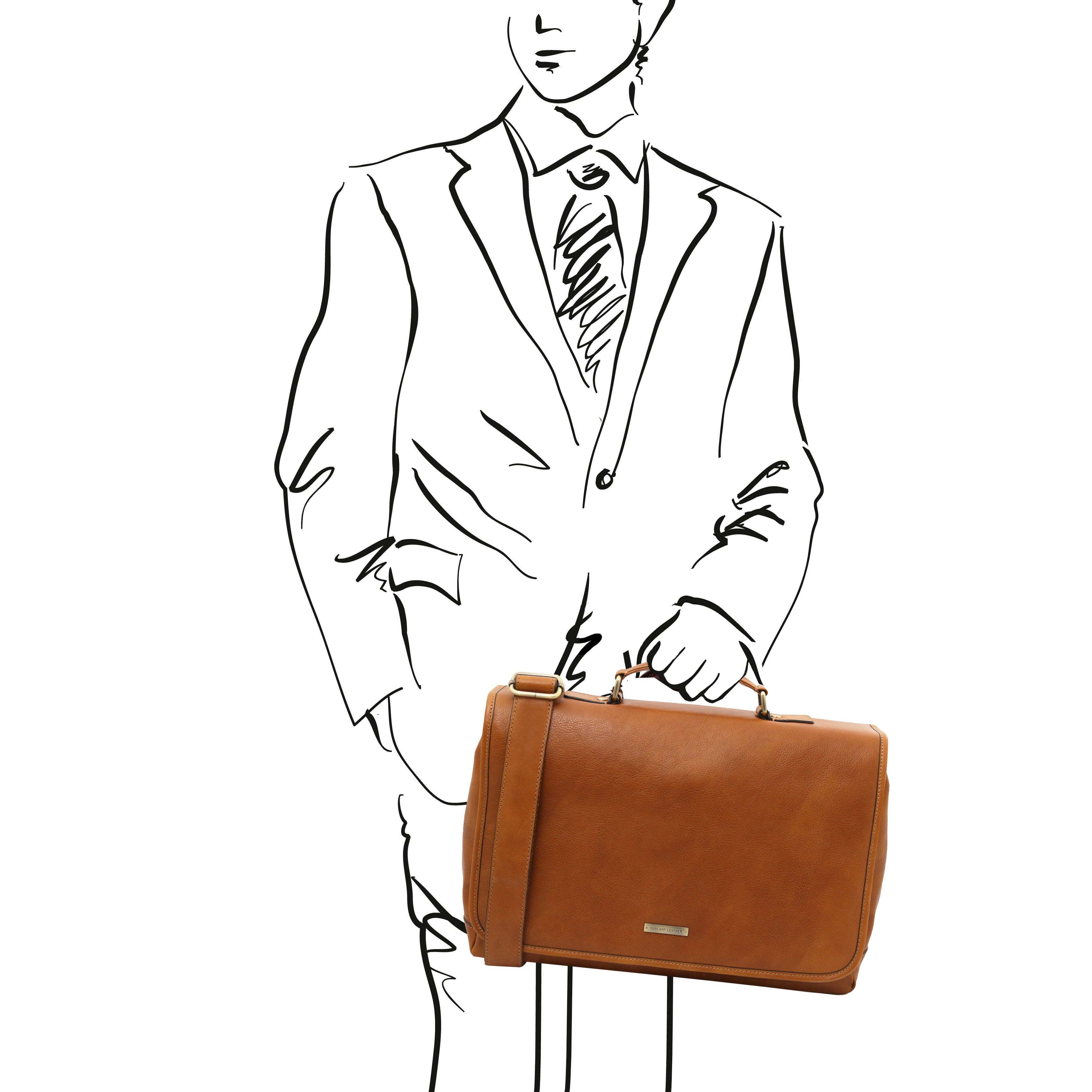 Natural Mantova Leather Multi Compartment TL SMART Briefcase With Flap Front View held by a man - L'Atelier Global