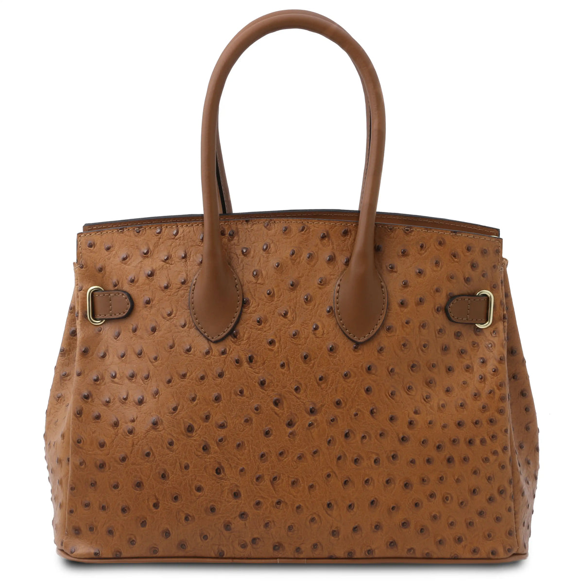 Back view cognac textured ostrich print leather handbag with gold hardware on a white background