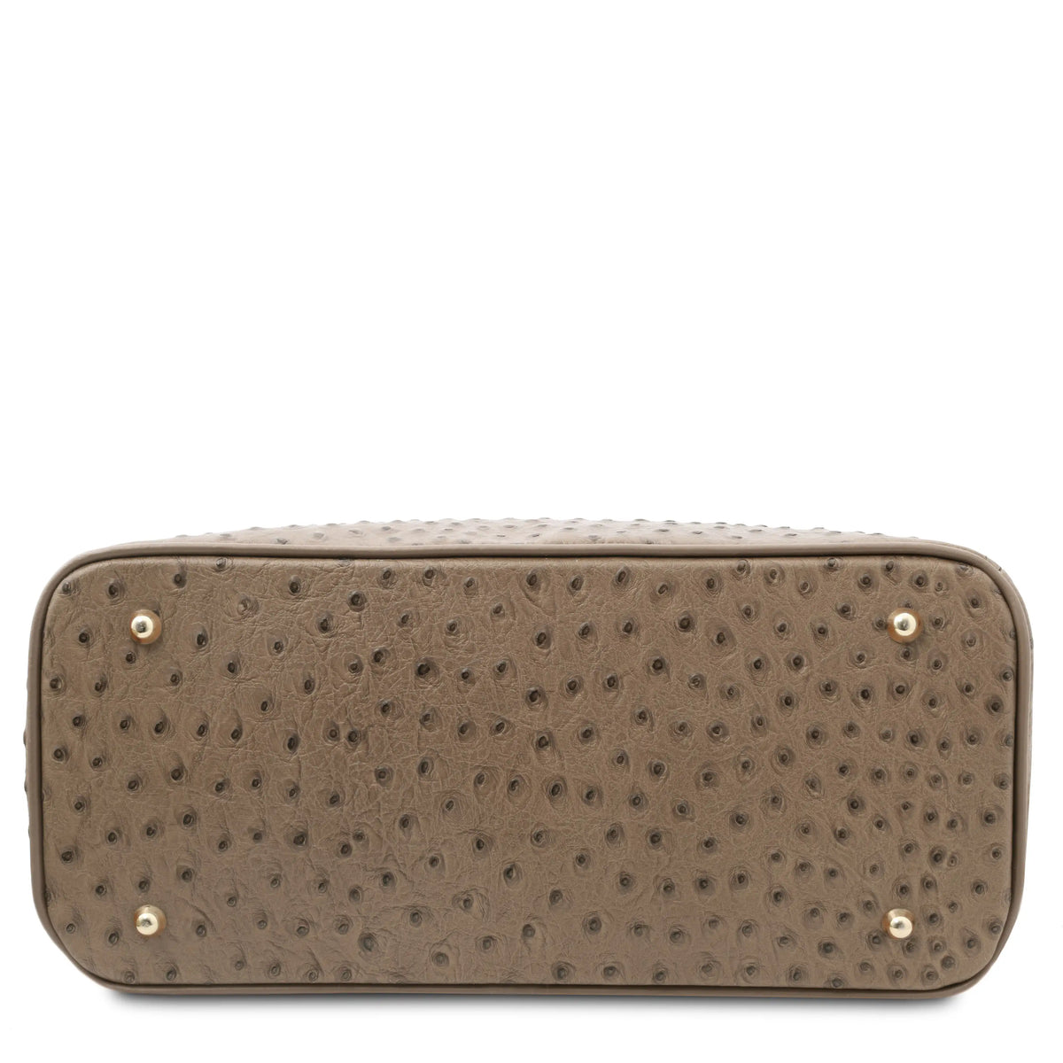 Bottom view taupe textured handbag with gold protective feet on a white background