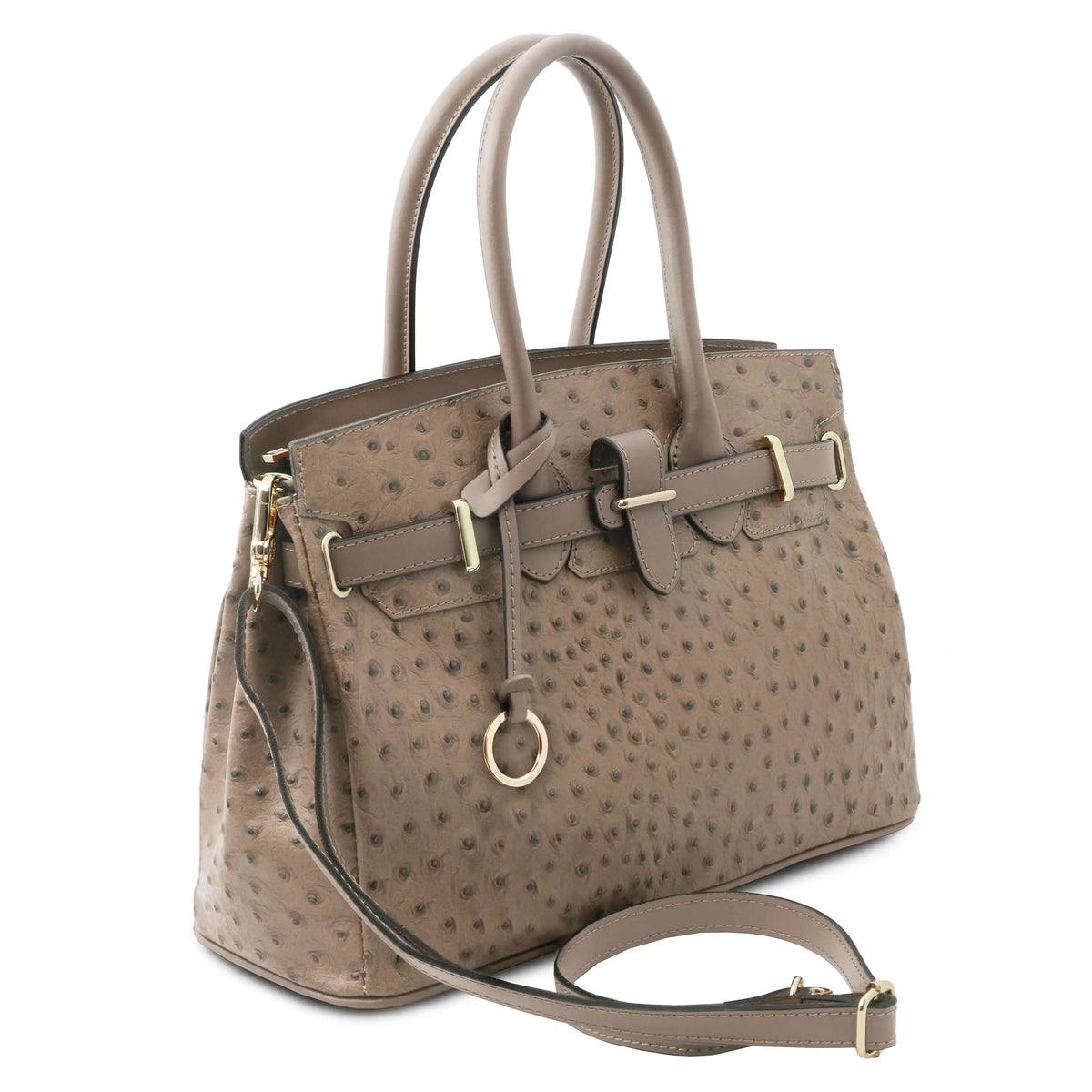A structured taupe ostrich-textured leather handbag with double top handles, a matching shoulder strap, and gold-tone hardware, shown on a plain white background.