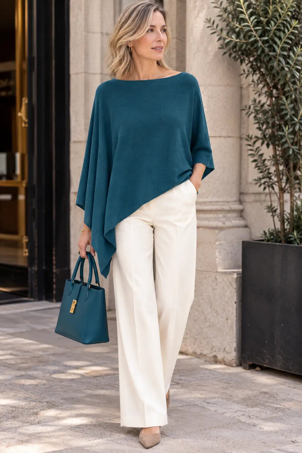 A woman stands outdoors wearing a loose teal ponchoa nd white wide-leg pants, holding a matching teal handbag. The setting includes a stone building wall and a potted plant.