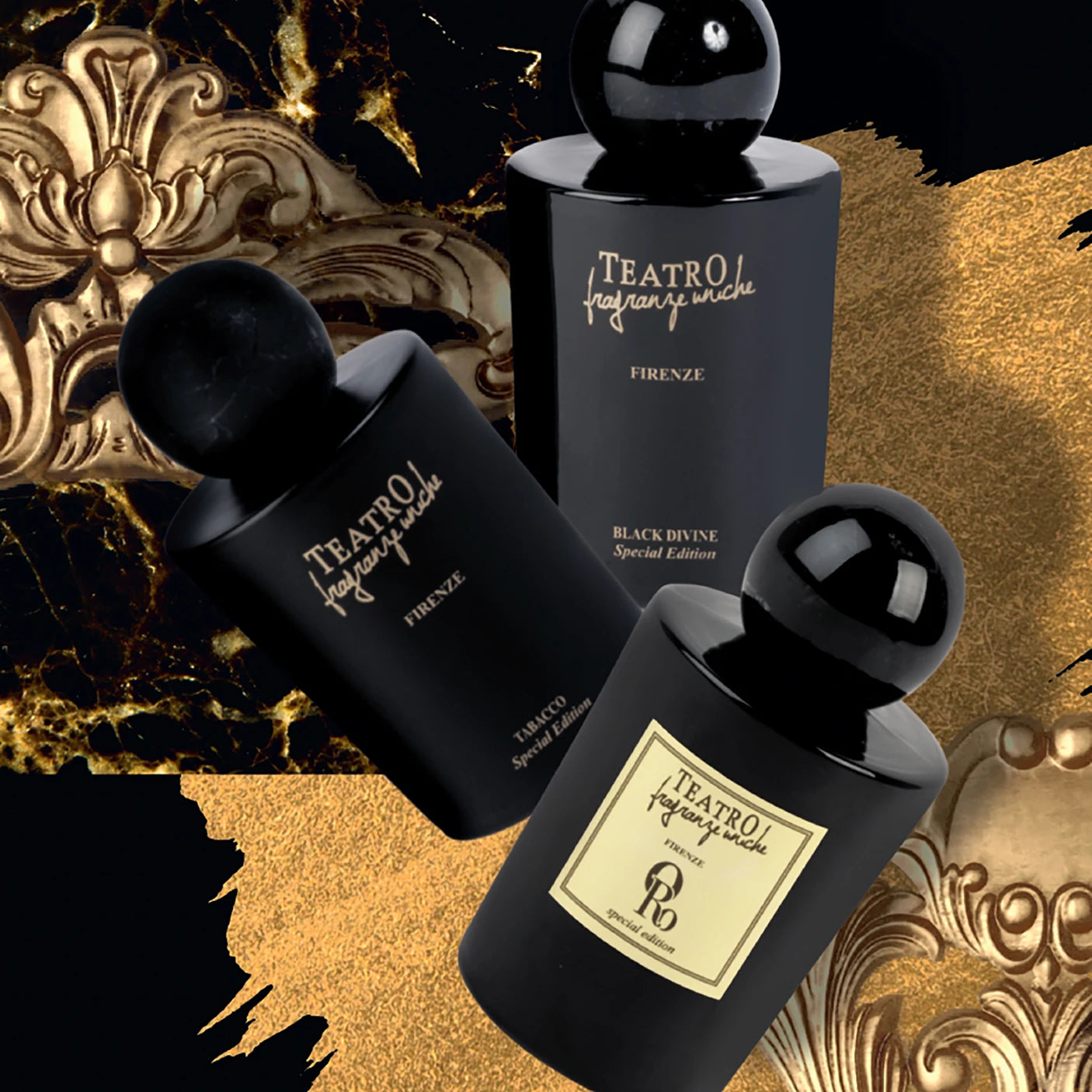 Teatro Firenze Uniche room spray bottles  on a regal gold and black Florentine background