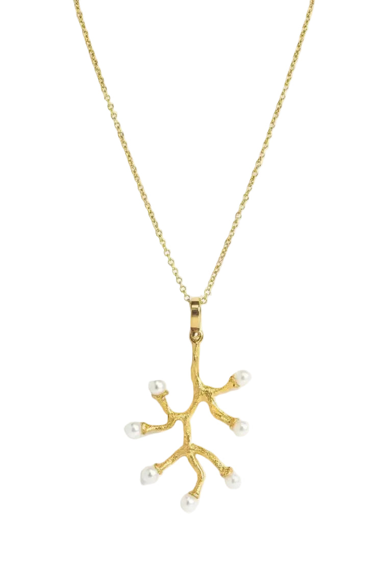 A gold branch-shaped pendant necklace adorned with small white pearl-like beads, suspended from a delicate gold chain against a clean white background.