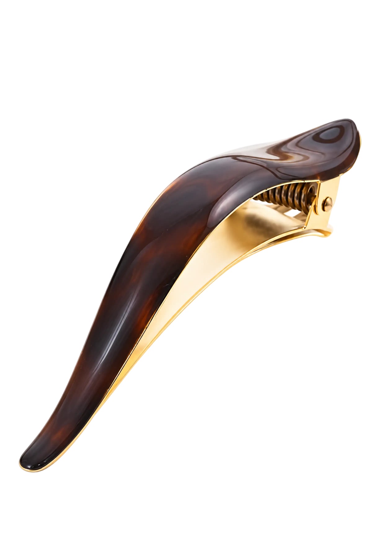 A curved hair claw clip featuring a glossy dark brown tortoiseshell resin top and a polished gold metal interior and spring, shown on a solid white background.