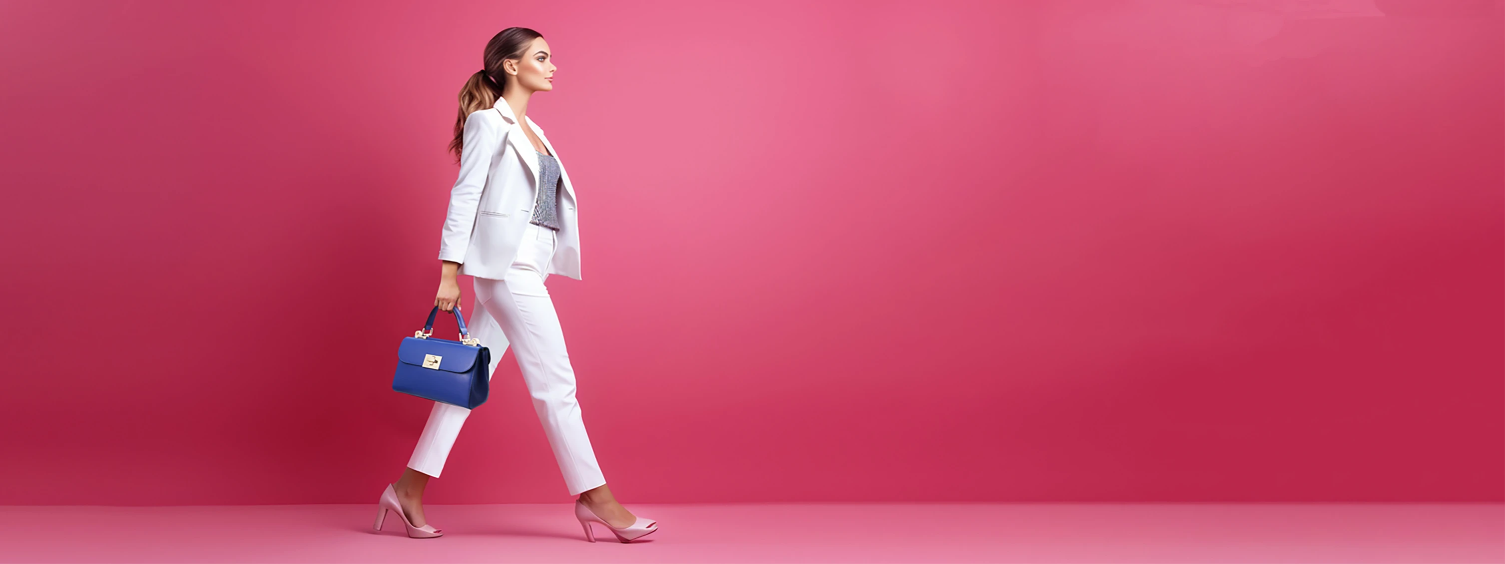 Woman in a white pant suit holding our blue Armonia leather bag, walking in front of a hot pink background.