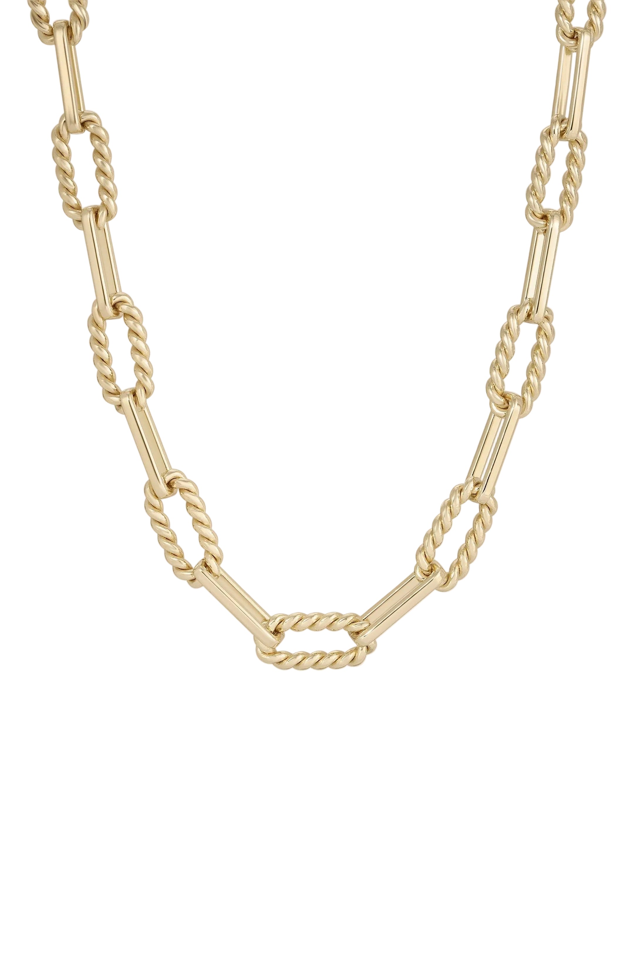 Close up view of twisted Link Gold Eyewear Chain's links on a white background