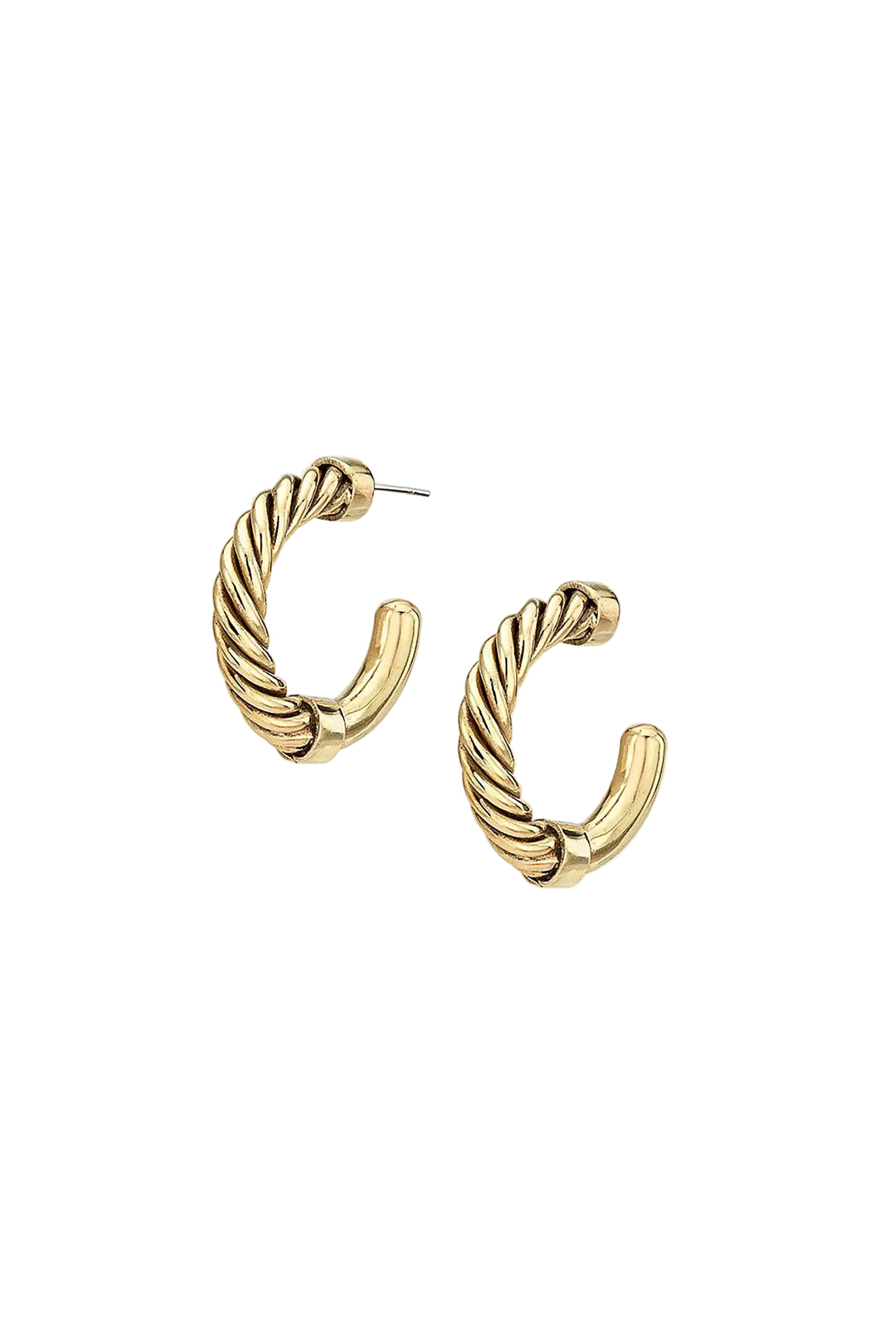 A pair of gold-toned twisted hoop earrings with a polished finish, displayed on a clean white background.