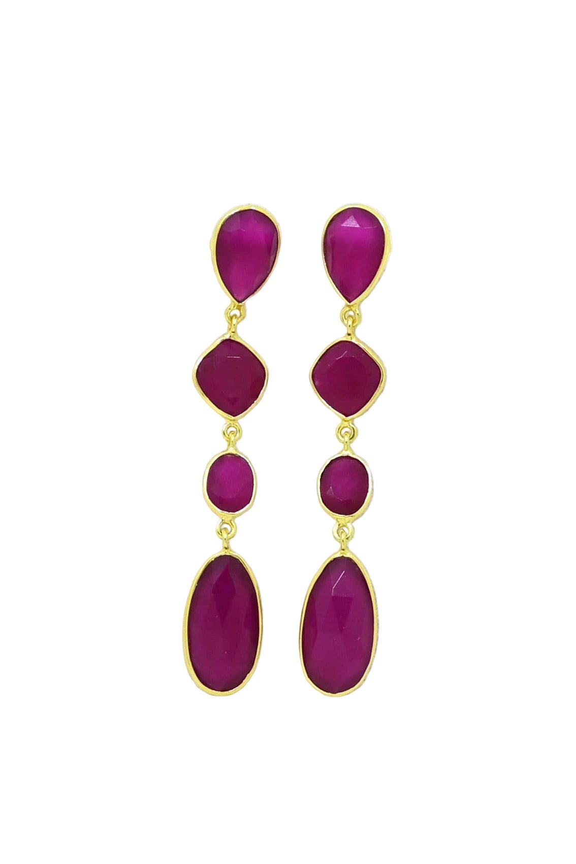 Fuchsia teardrop earrings with gold on a white background