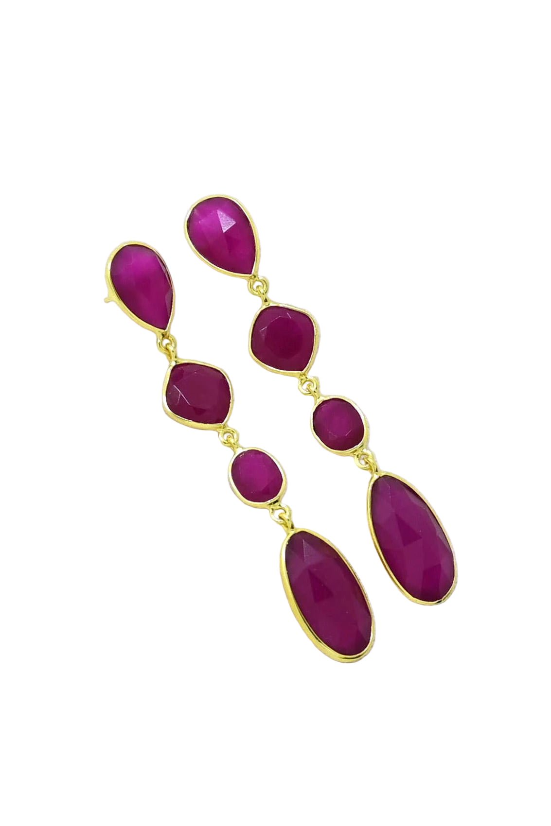 Fuchsia teardrop earrings angled view with gold on a white fabric background