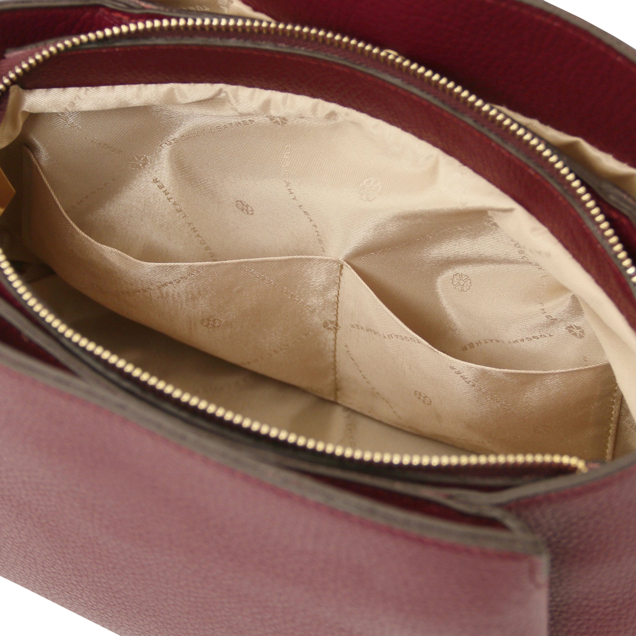 Interior Open Pocket View Abby Italian Leather Shoulder Bag in Bordeaux with beige interior
