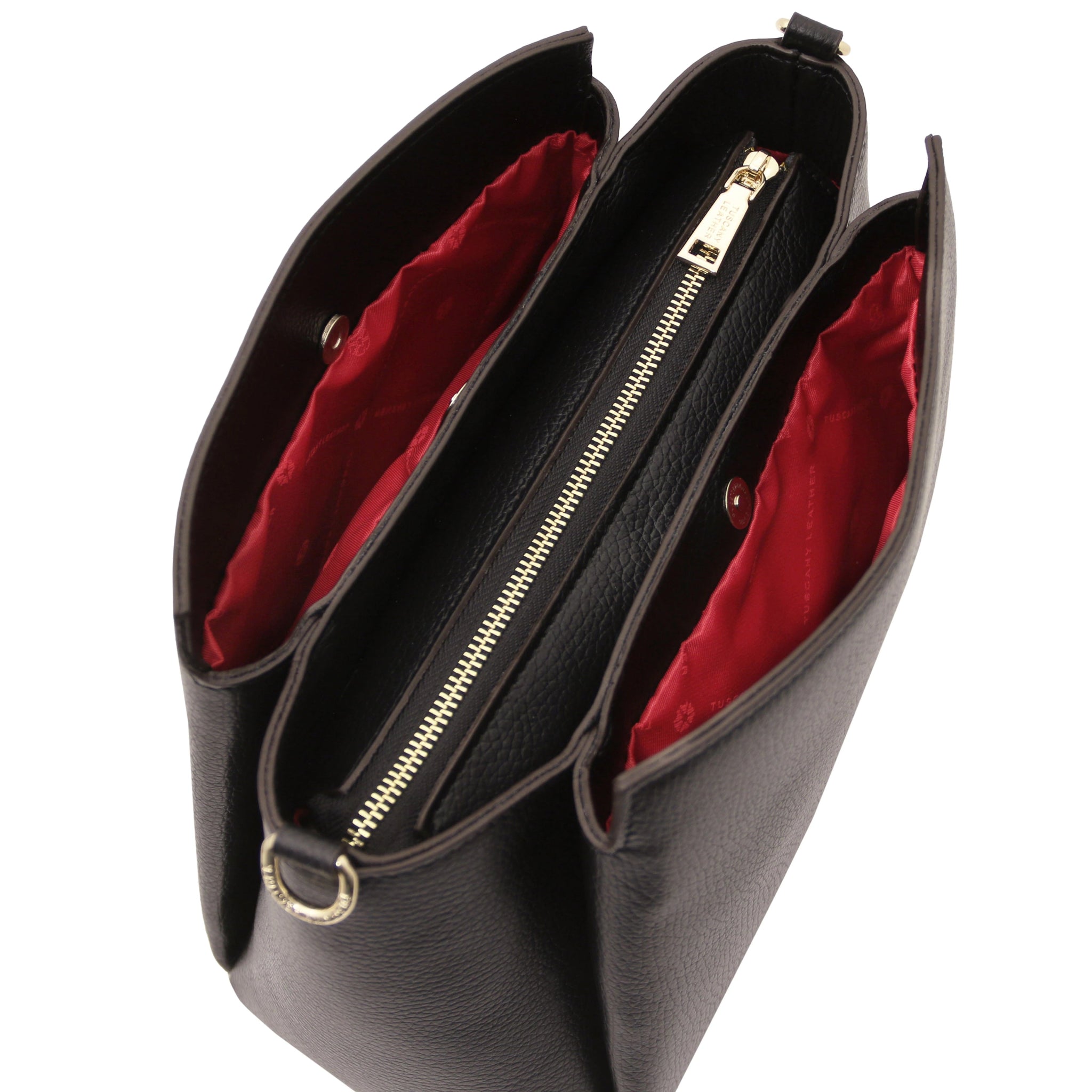 Interior Top View Abby Italian Leather Shoulder Bag in Black with red interior