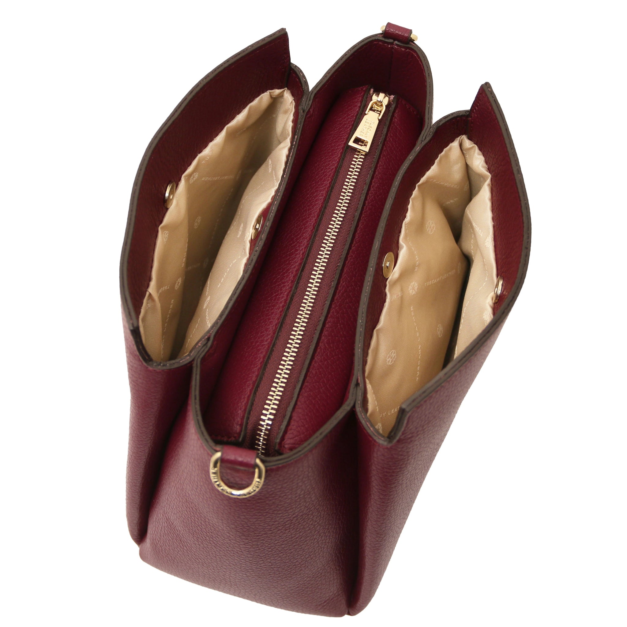 Interior Top View Abby Italian Leather Shoulder Bag in Bordeaux with beige interior
