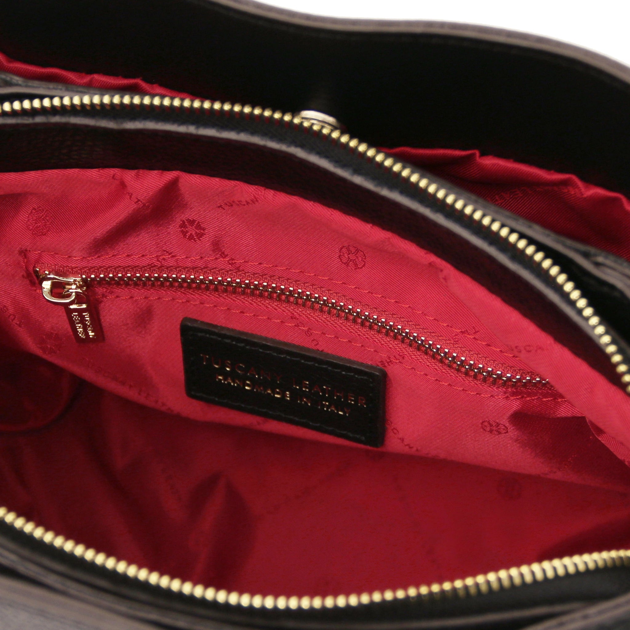 Interior Zip Pocket View Abby Italian Leather Shoulder Bag in Black with red interior