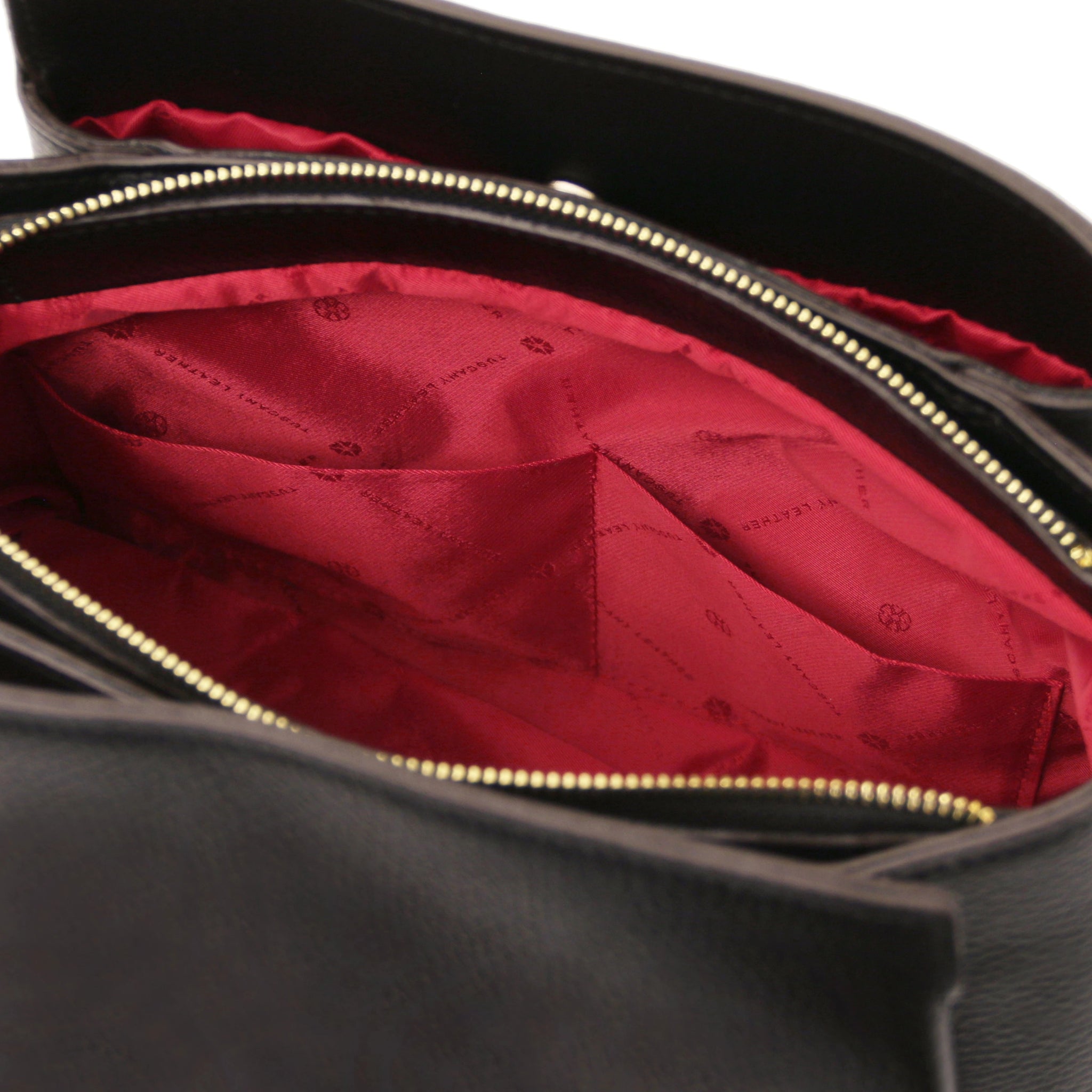 Interior Open Pocket View Abby Italian Leather Shoulder Bag in Black with red interior