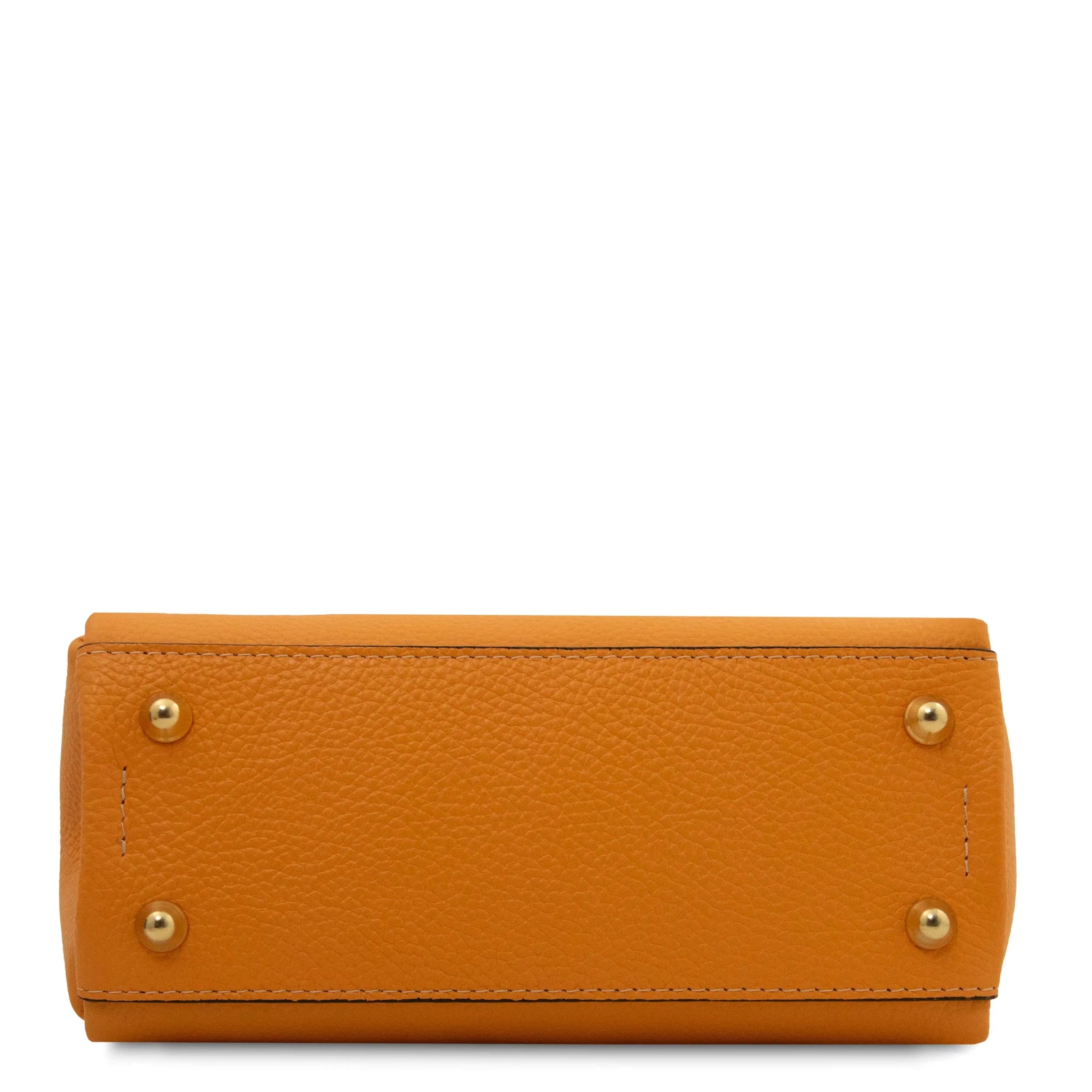 Bottom view Abby Pebbled Leather Bag in Apricot with gold metal protective feet
