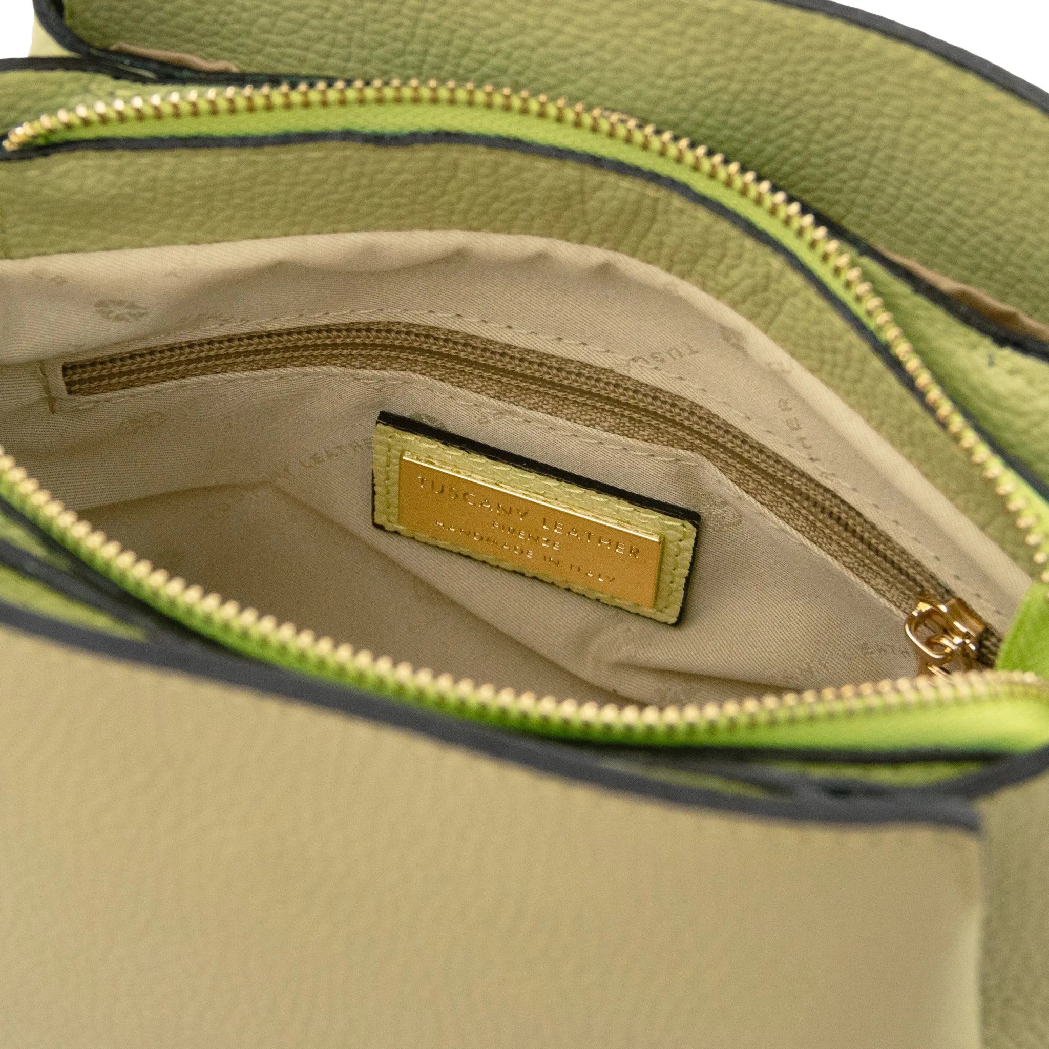 Interior zip pocket view Lime Green Abby Leather Bag with beige lining