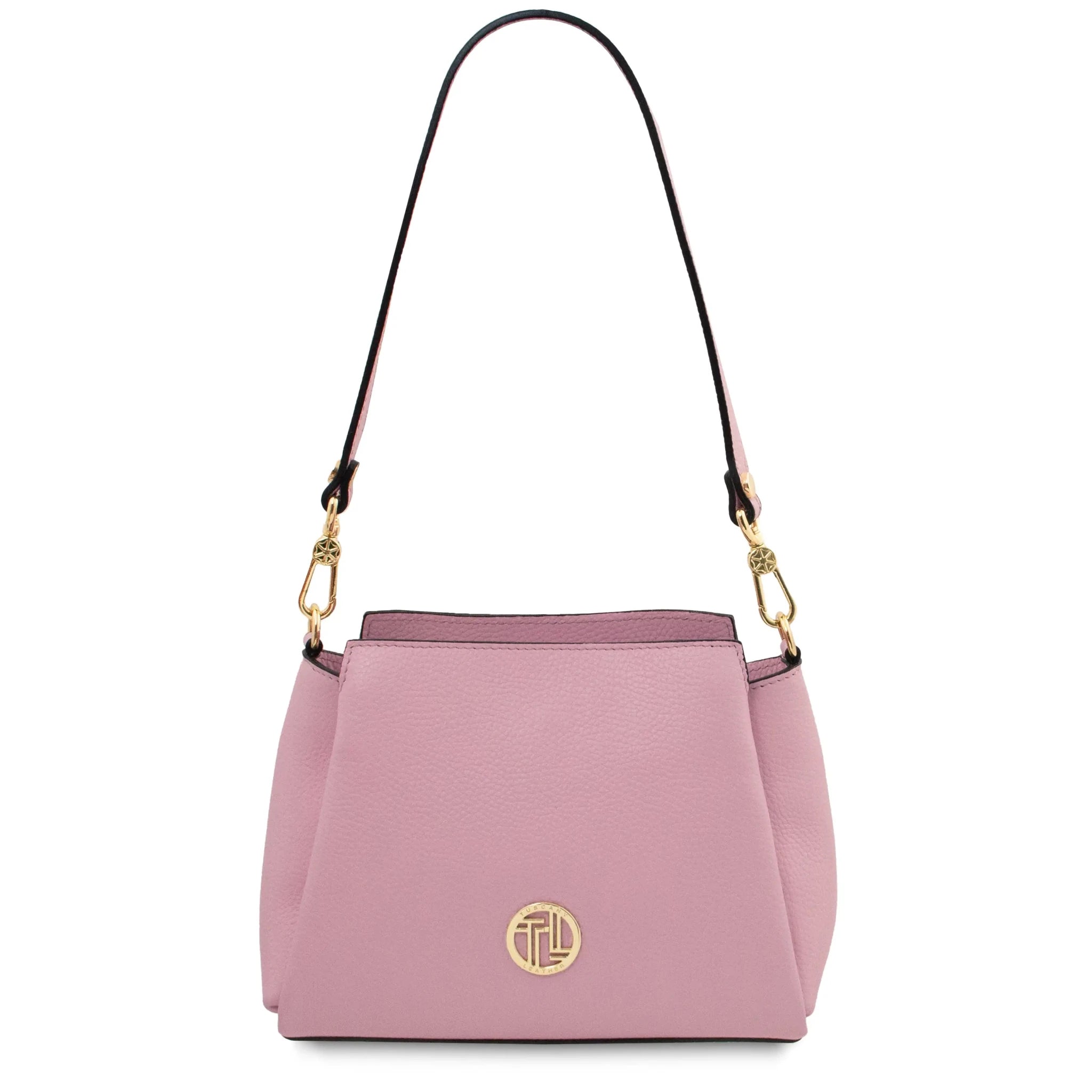 Front view Abby Italian Pebbled Leather Bag in Ballet Pink with shoulder strap